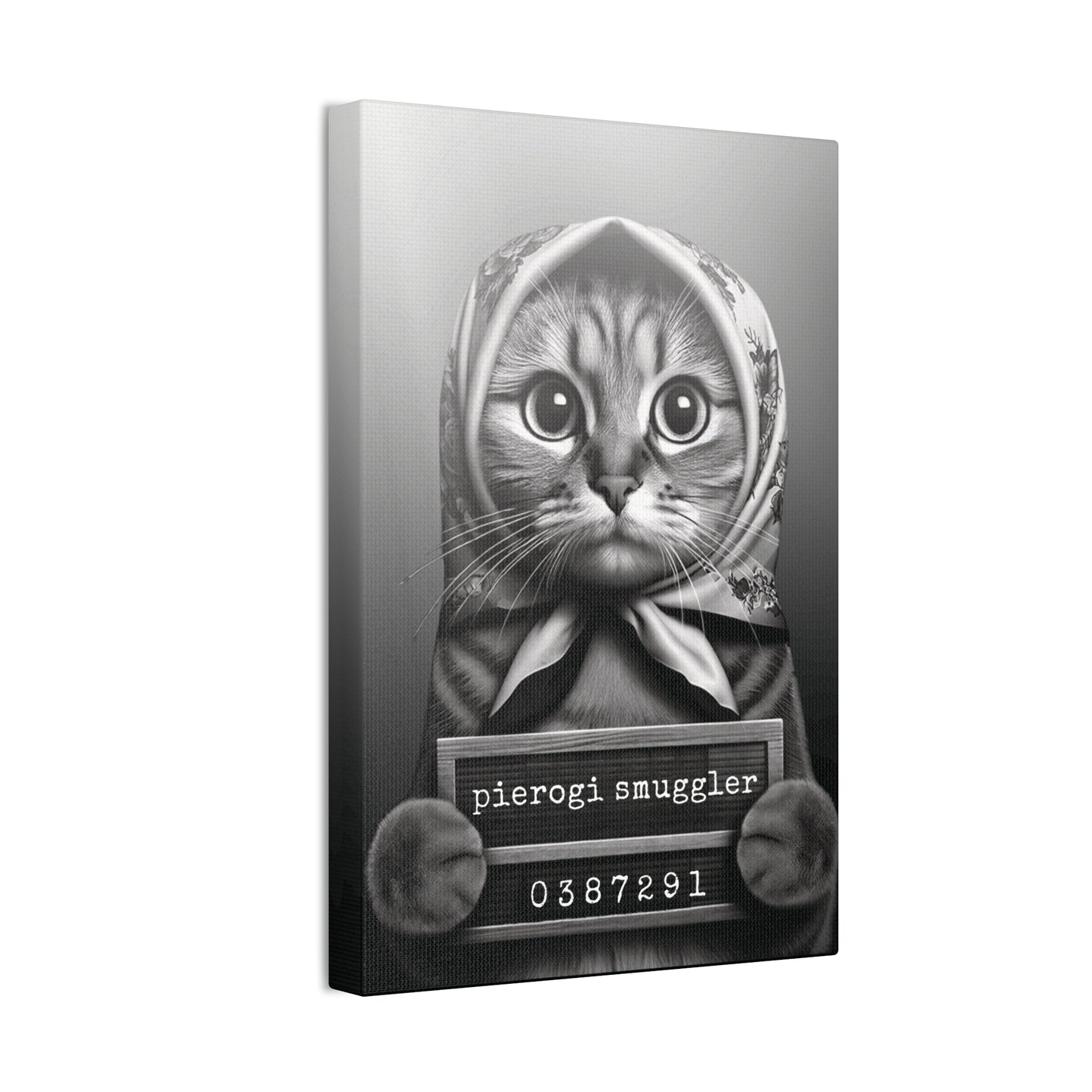 Babushka Cat Smug Shot, Pierogi Smuggler Black and White Wall Art