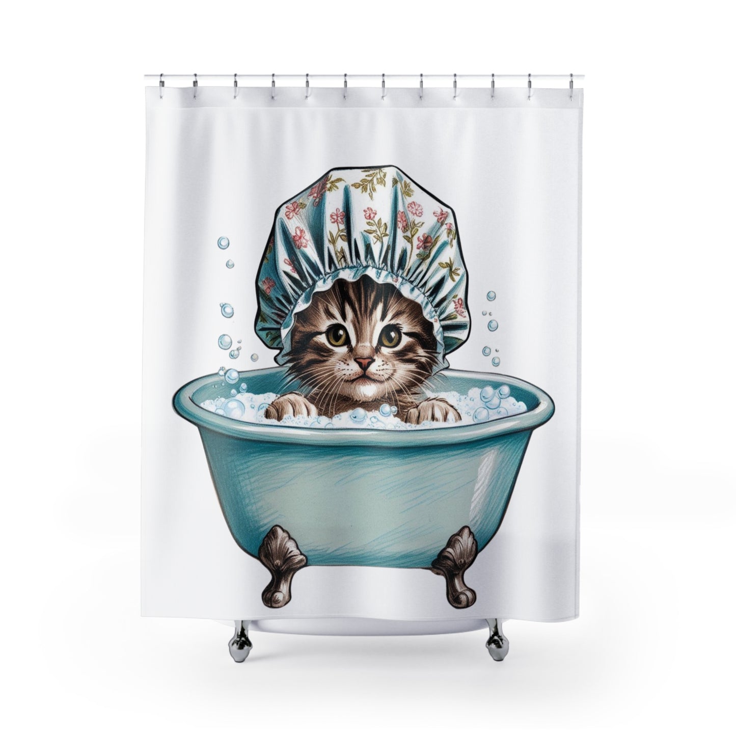 Vintage Kitten and Bubbles, Cat Theme Shower Curtains, Kitschy Bathroom Art