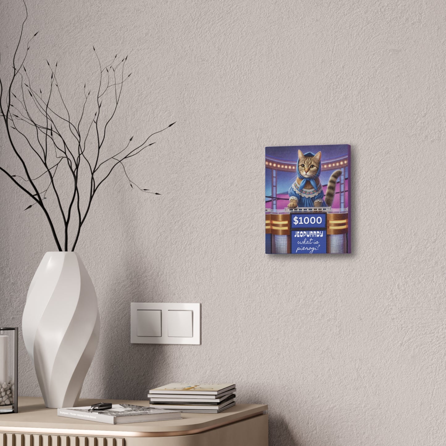 Babushka Cat Game Night, Fun Cat Art, Kitty on Gameshow, Kitschy Cat Kitchen Wall Art, Canvas Wall Art, Nostalgic Art