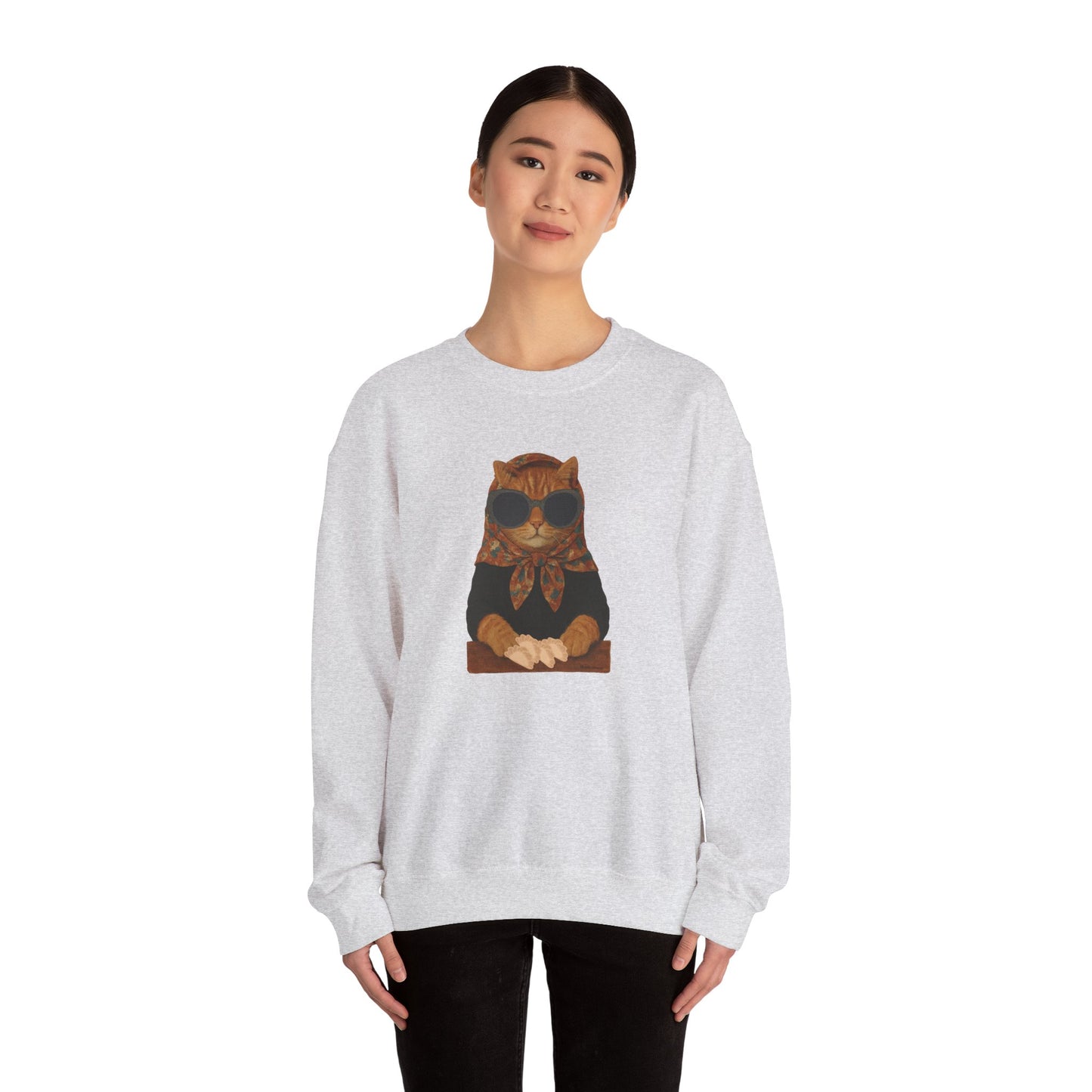Babushka Cat Sweatshirt - Unisex Crewneck Pullover with Polish Cat Print