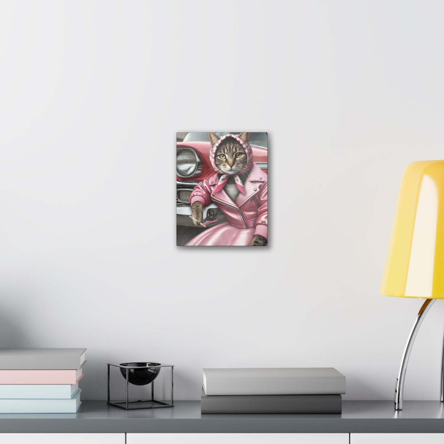 50's Cat, Pink Lady, Babushka Cat Kitschy Cat Wall Art, Canvas Wall Art, Nostalgic 50's Art