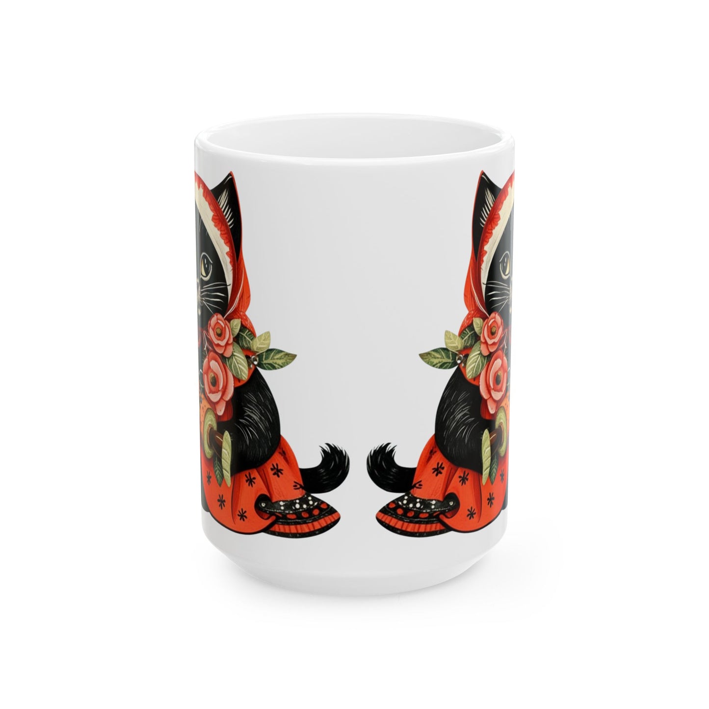 Black Babushka Cat Folk Art Style Cat Art Ceramic Mug