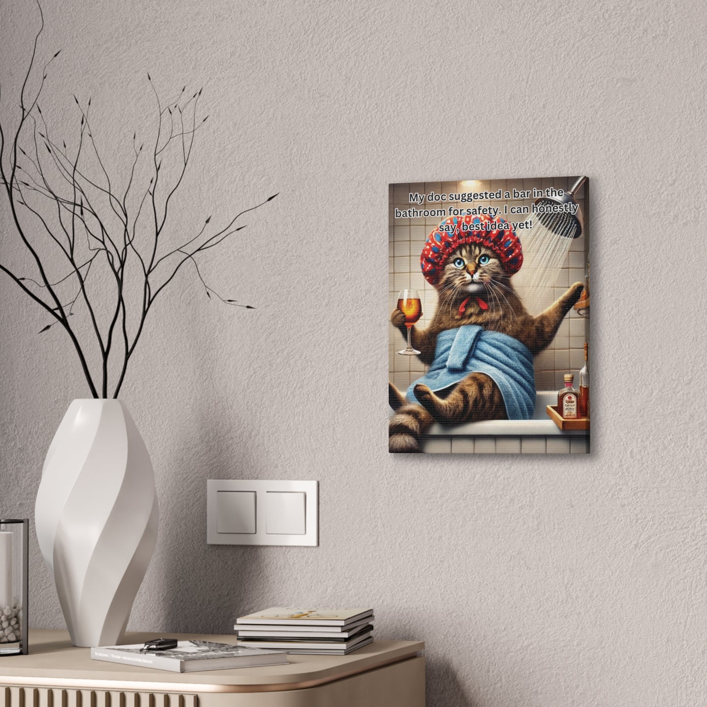 Babushka Cat Bathroom Wall Art, Kitschy Cat Art Canvas