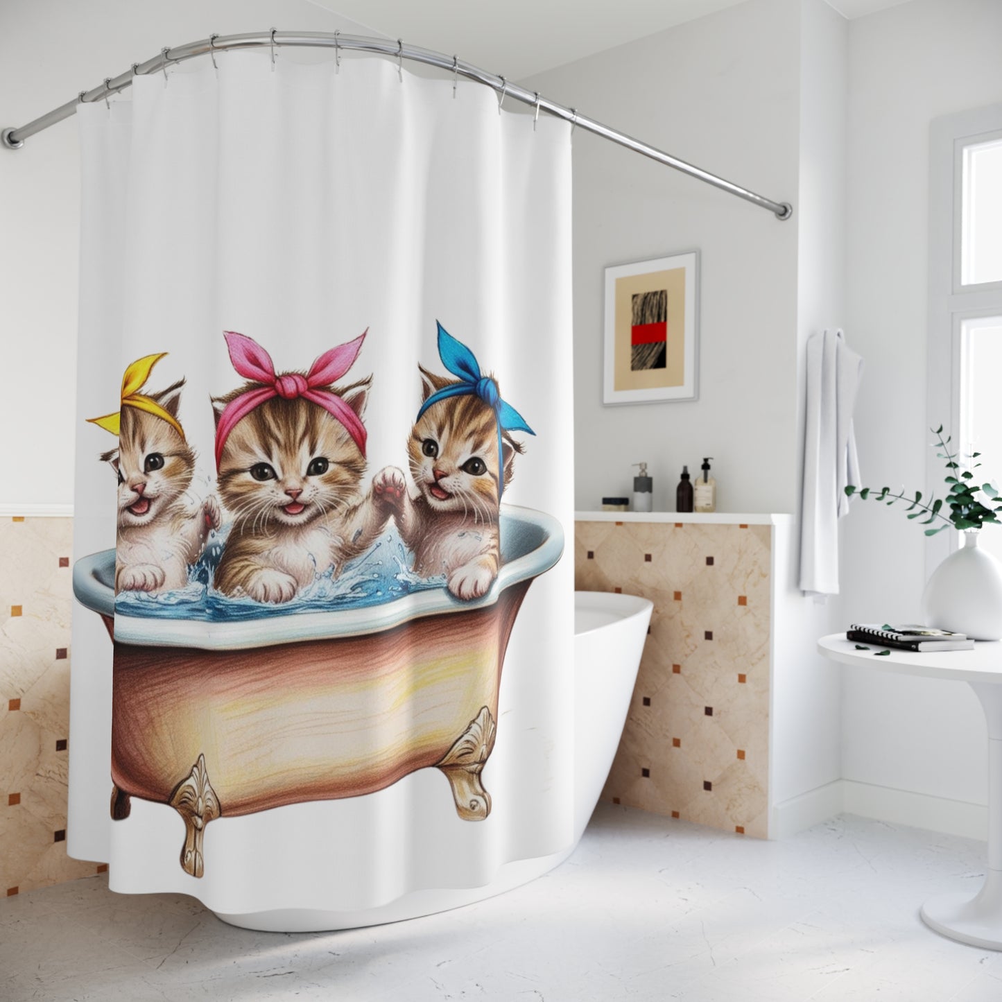 Vintage Kitten, Cat Theme Shower Curtains, Kitschy Bathroom Art