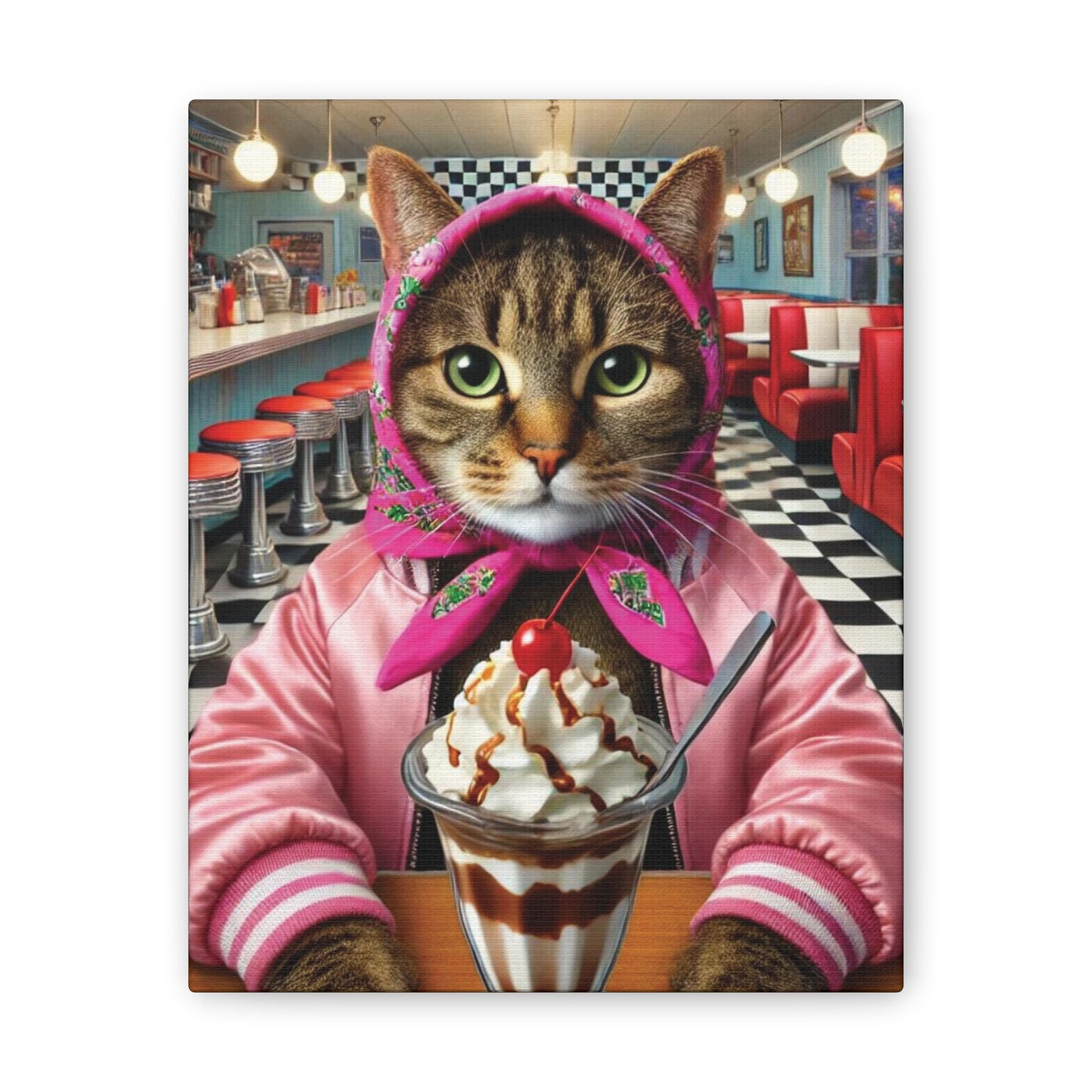 Sundae Shop Babushka Cat Kitschy Cat Wall Art, Canvas Wall Art, Nostalgic Wall ARt