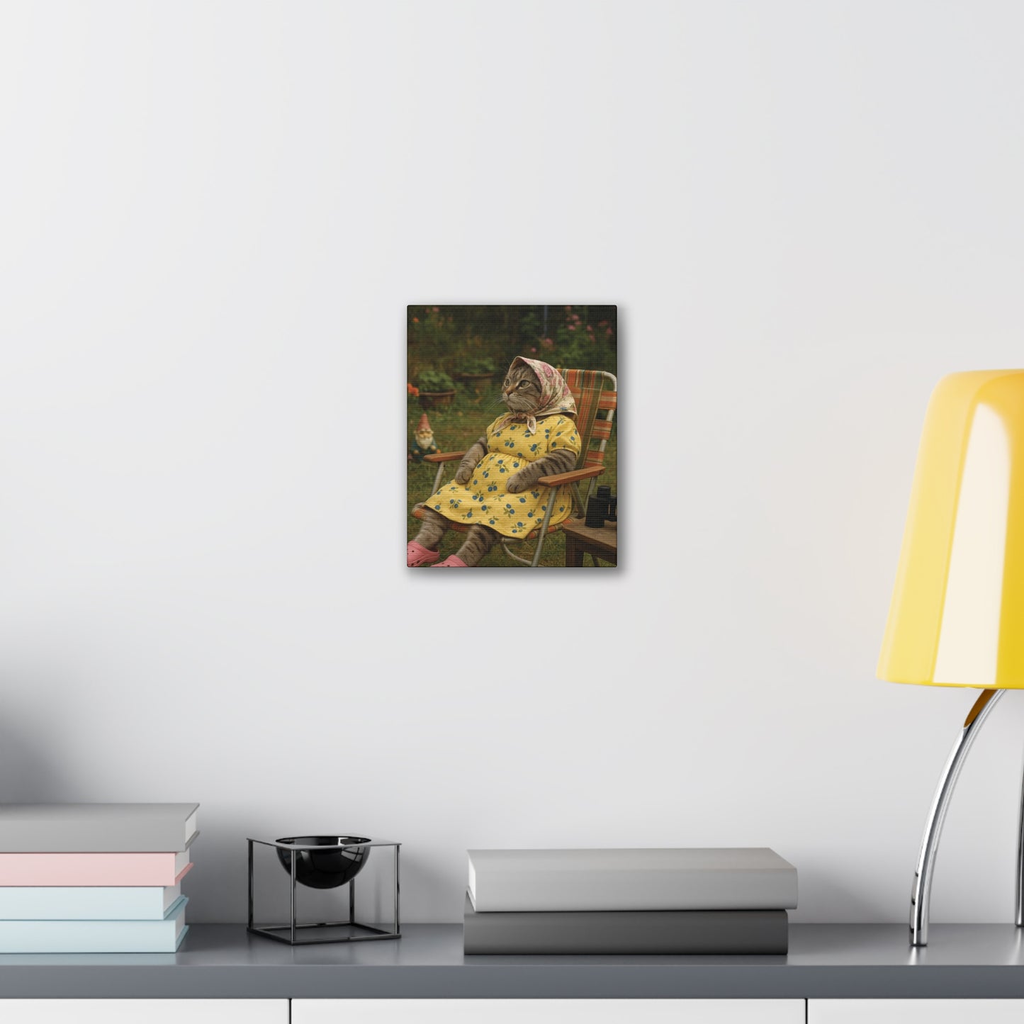 Babushka Cat Backyard Birding, Nostalgic Kitschy Cat Art Canvas