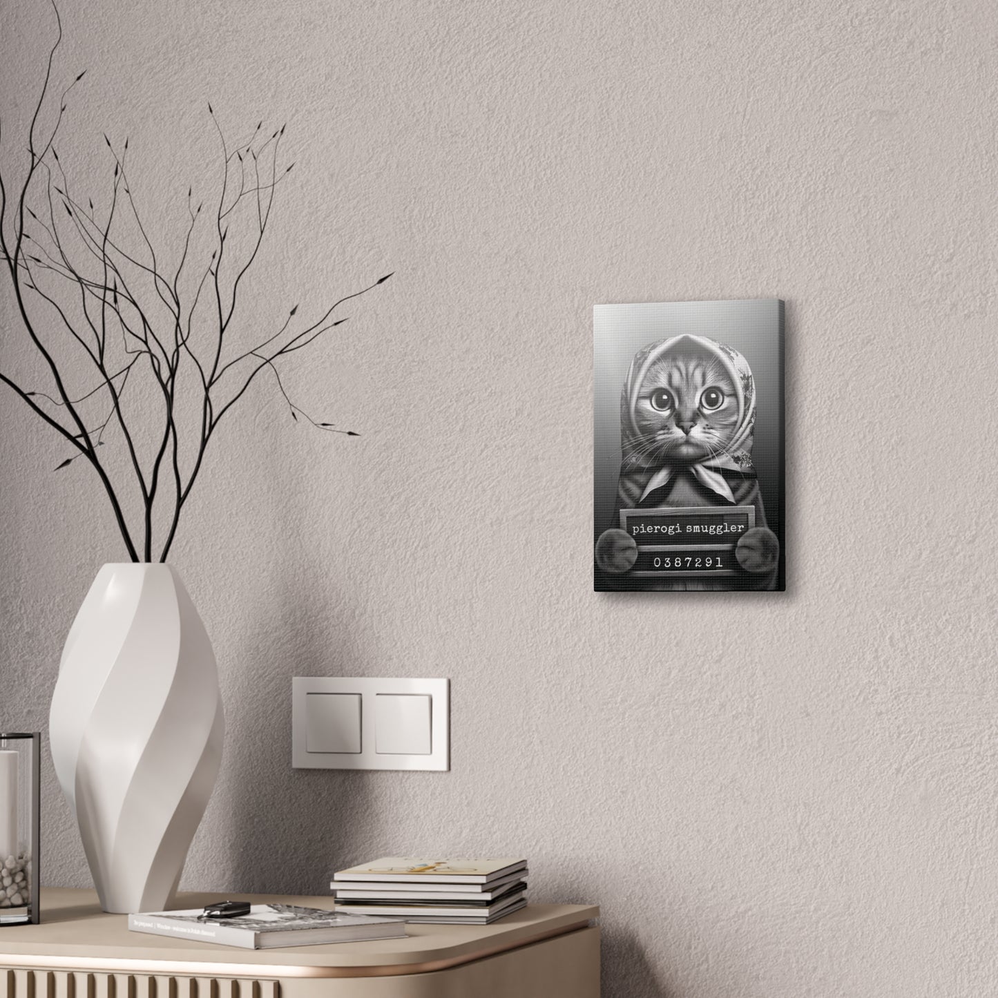 Babushka Cat Smug Shot, Pierogi Smuggler Black and White Wall Art