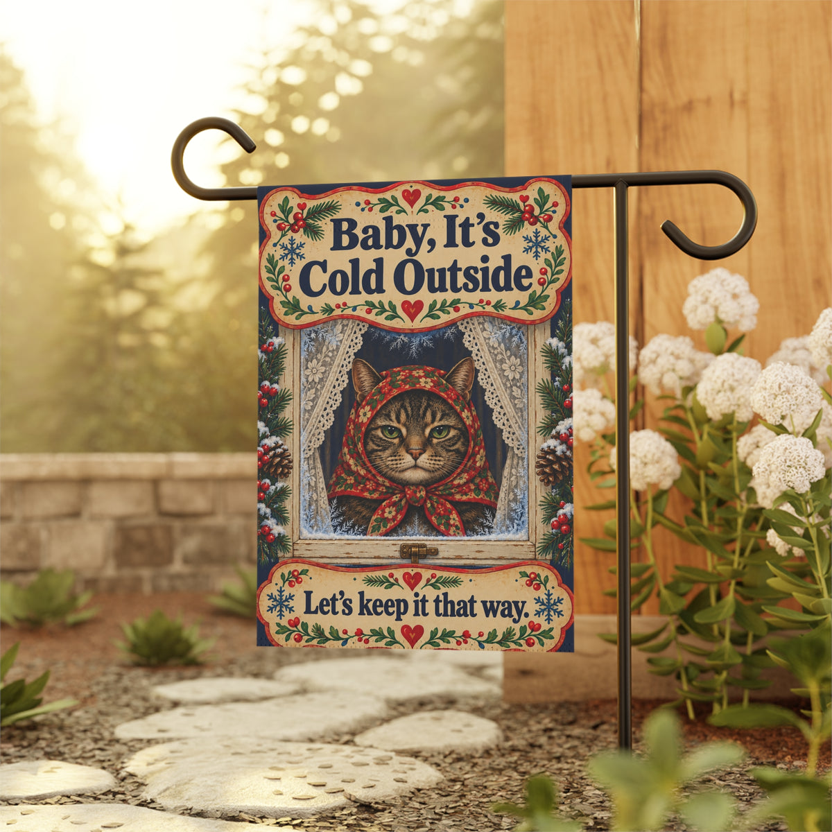 Babushka Cat Winter Humor Garden Flag (no pole)