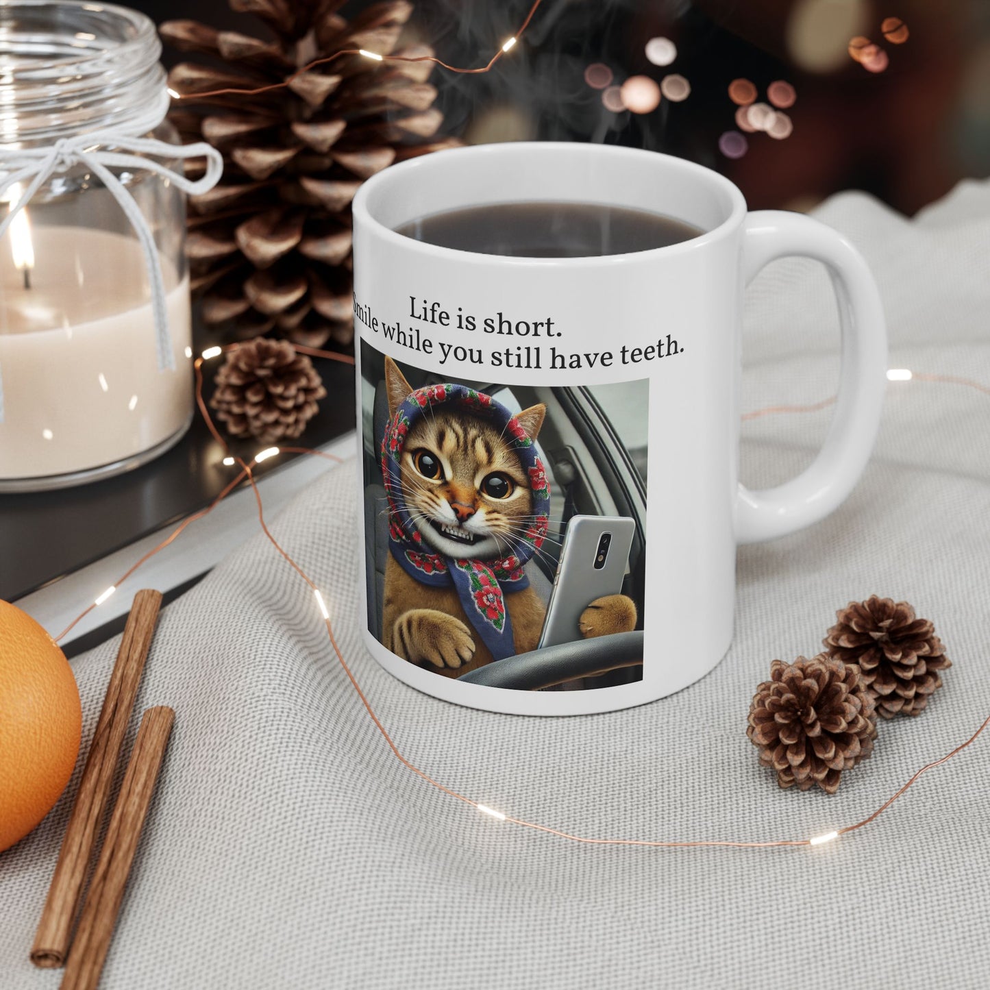 Babushka Cat Selfie, Smile, LIfe is Short, Ceramic Mug