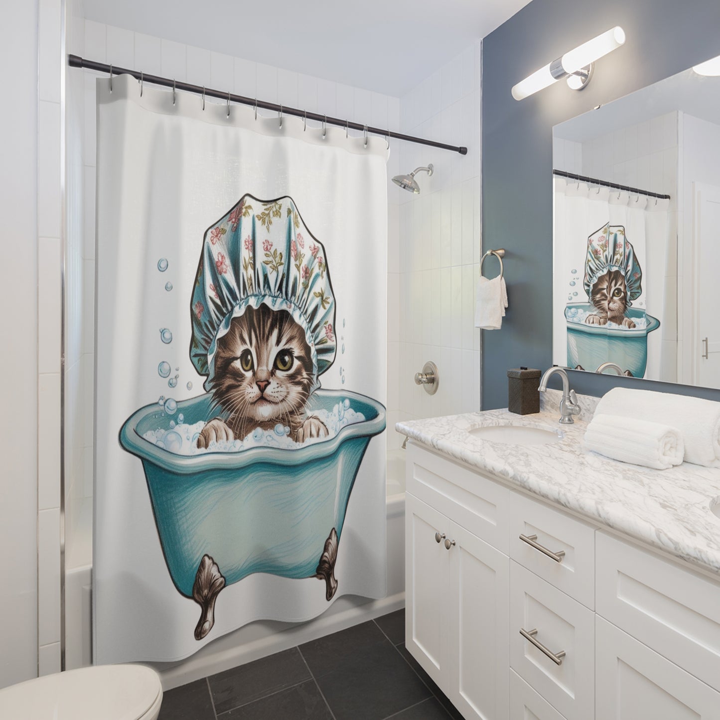 Vintage Kitten and Bubbles, Cat Theme Shower Curtains, Kitschy Bathroom Art