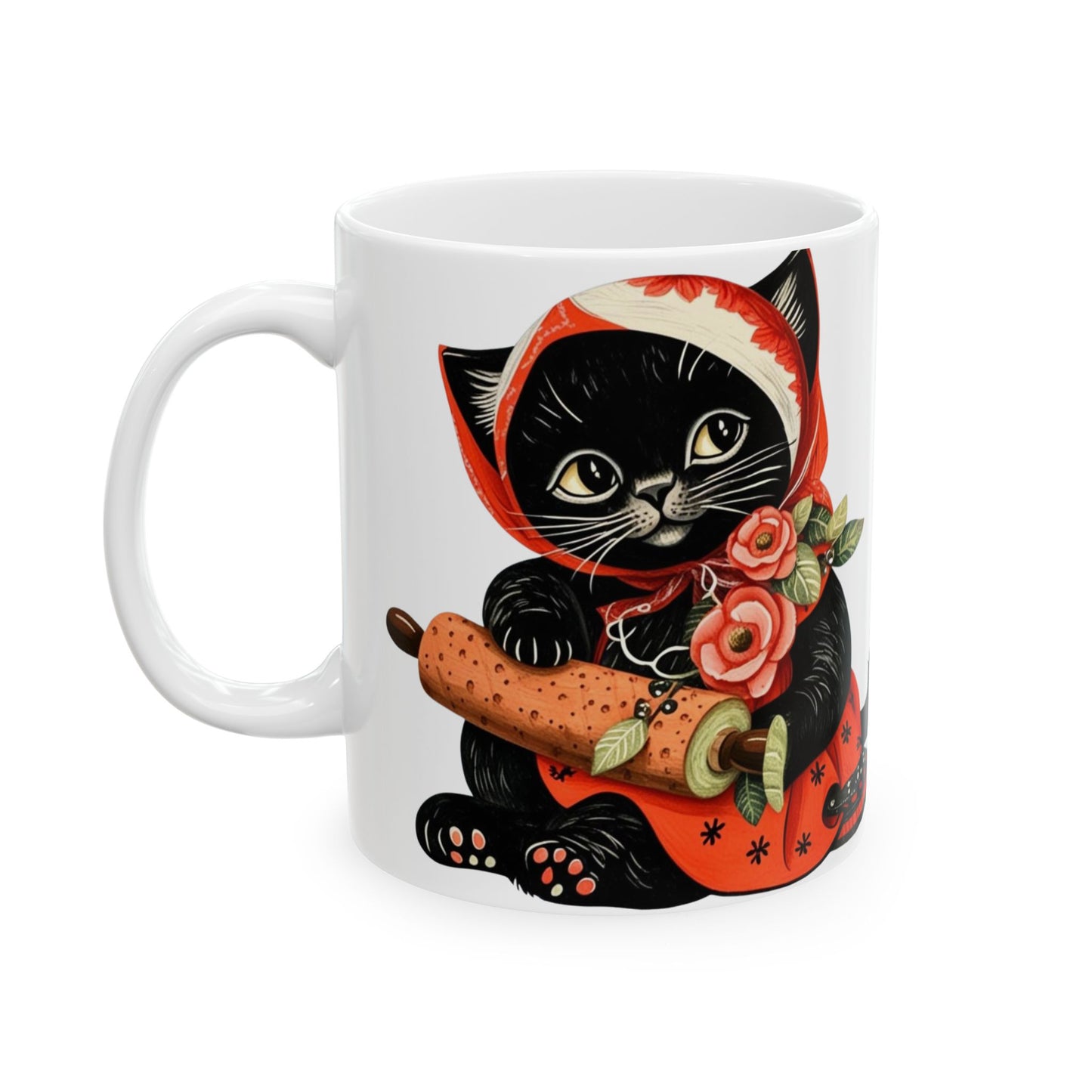 Black Babushka Cat Folk Art Style Cat Art Ceramic Mug