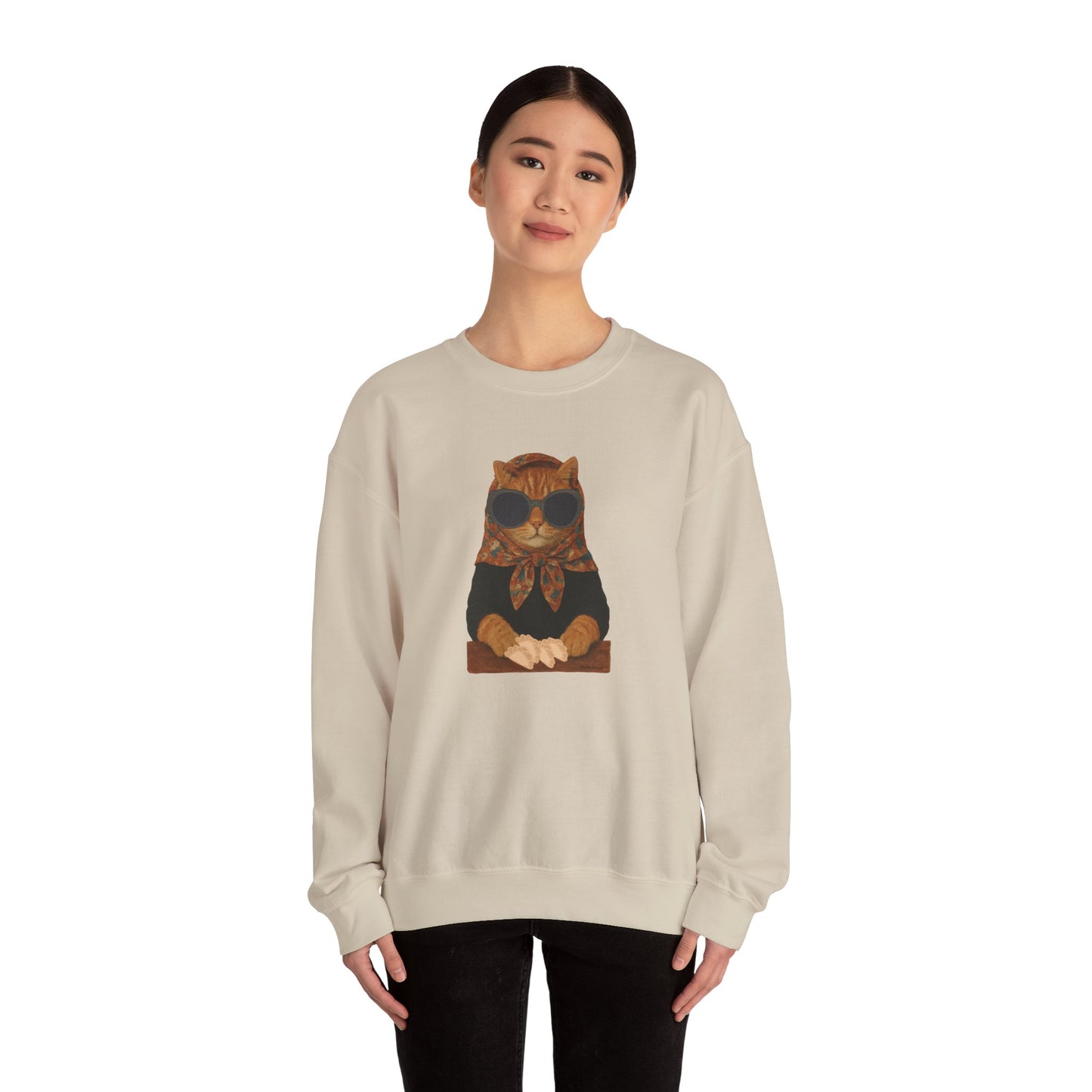 Babushka Cat Sweatshirt - Unisex Crewneck Pullover with Polish Cat Print