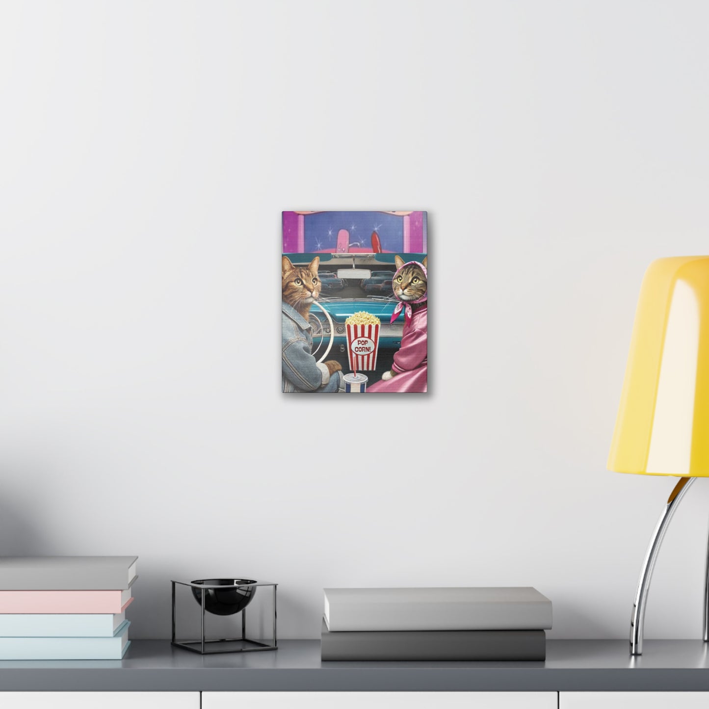 Drive-In 50's Cats, Pink Lady, Babushka Cat Kitschy Cat Wall Art, Canvas Wall Art, Nostalgic 50's Art