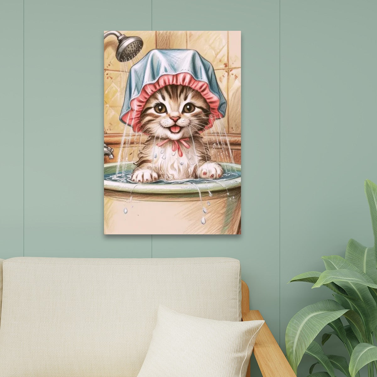 Vintage Kitten Bathroom Art Canvas Print Wall Art