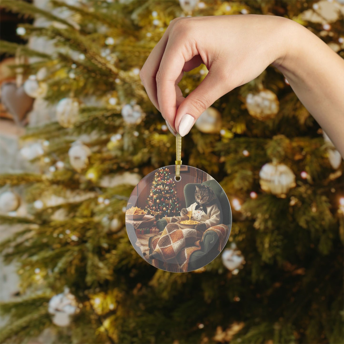 Babushka Cat Holiday Nachos Glass Ornament