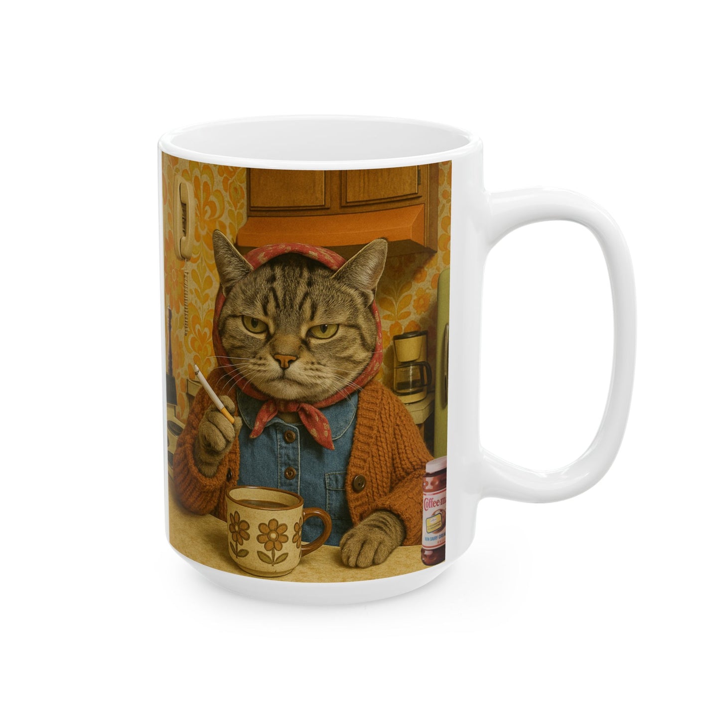 Babushka Cat Cig and Coffee Break, Cat Humor Ceramic Mug