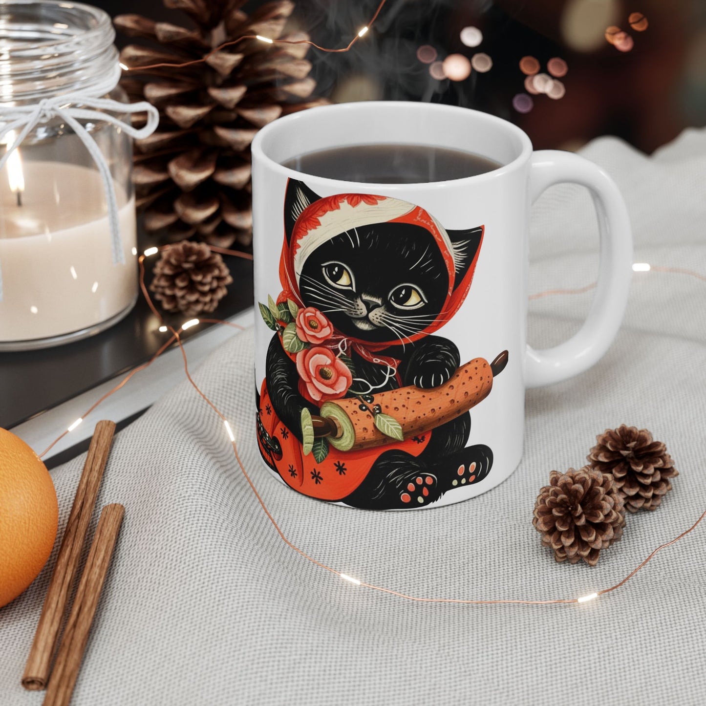 Black Babushka Cat Folk Art Style Cat Art Ceramic Mug