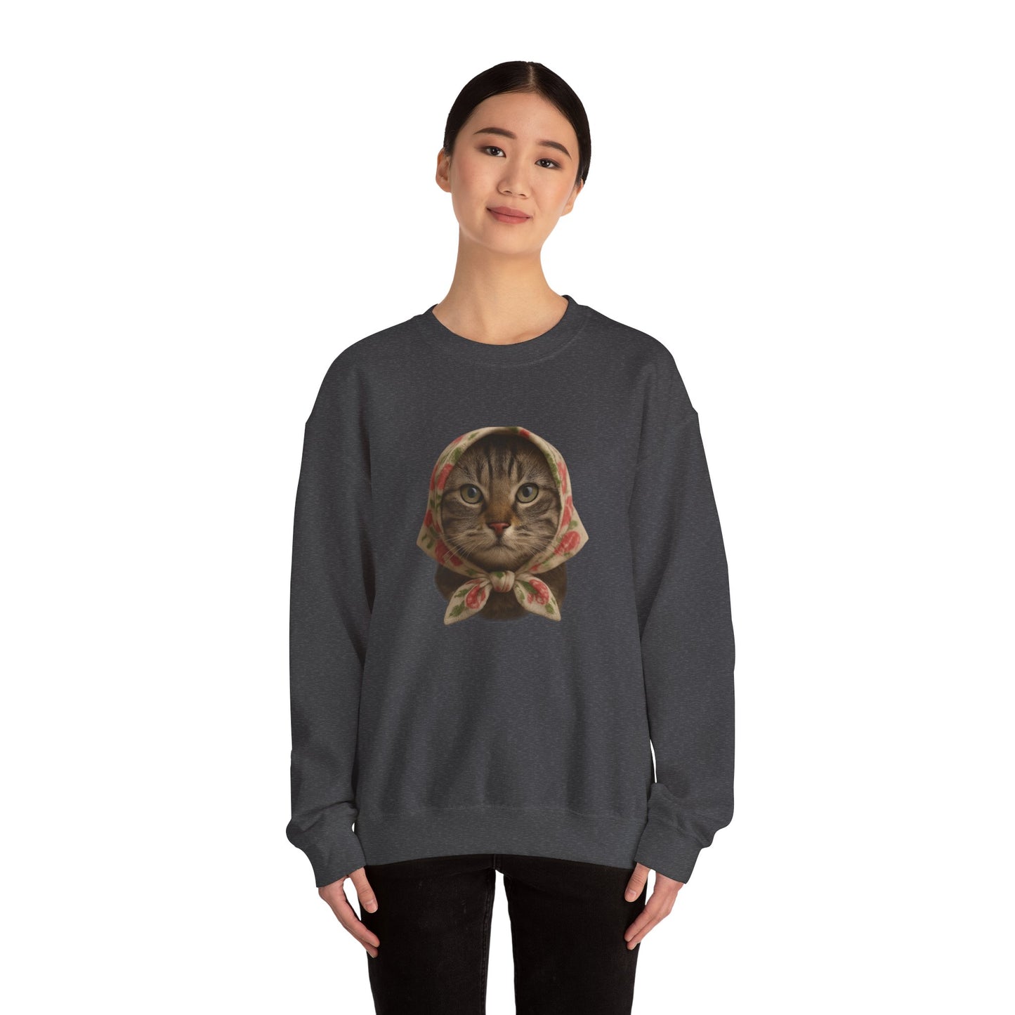 Babushka Cat Sweatshirt, Cozy Crewneck, Unisex Style for Cozy Everyday Wear