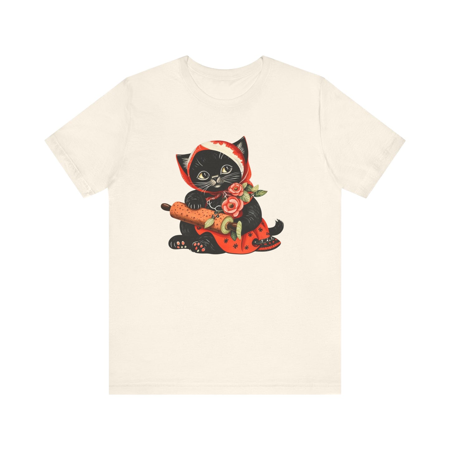 Black Babushka Cat, Folk Art Style Kitschy Cat Retro Theme Unisex Tee