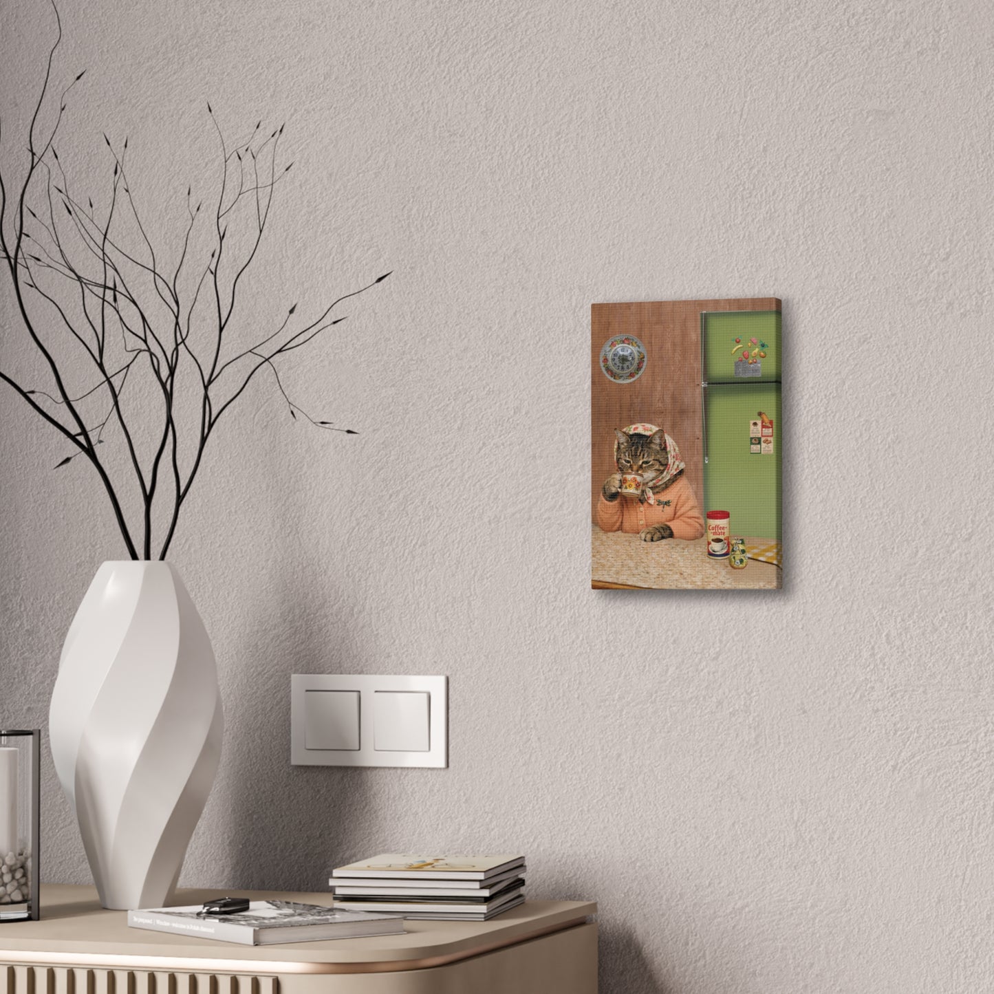 Babushka Cat Enjoys Coffee Canvas Wall Art