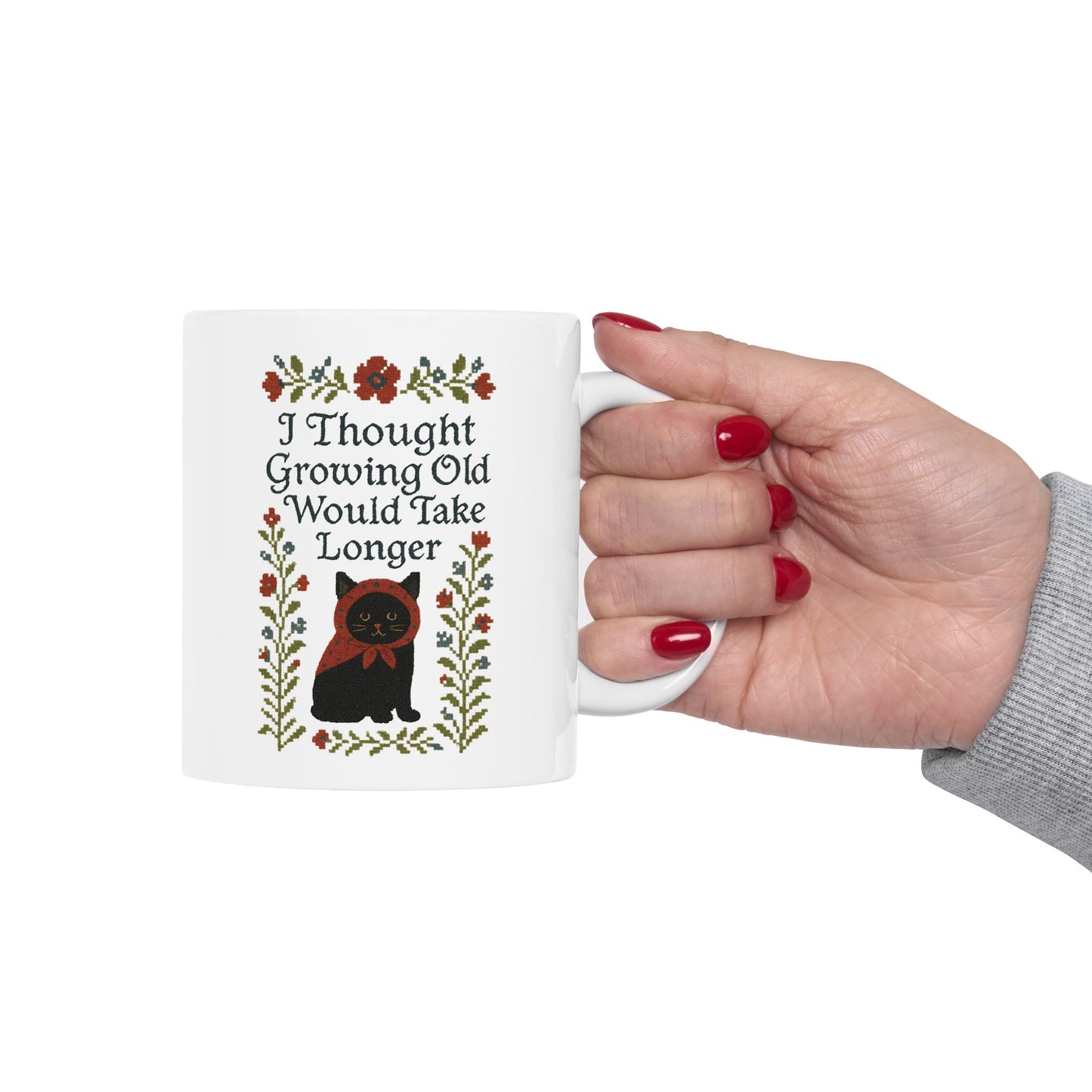 Babushka Black Cat Mug, Funny Aging Quote Cat Ceramic Mug - Faux Cross Stitch Look