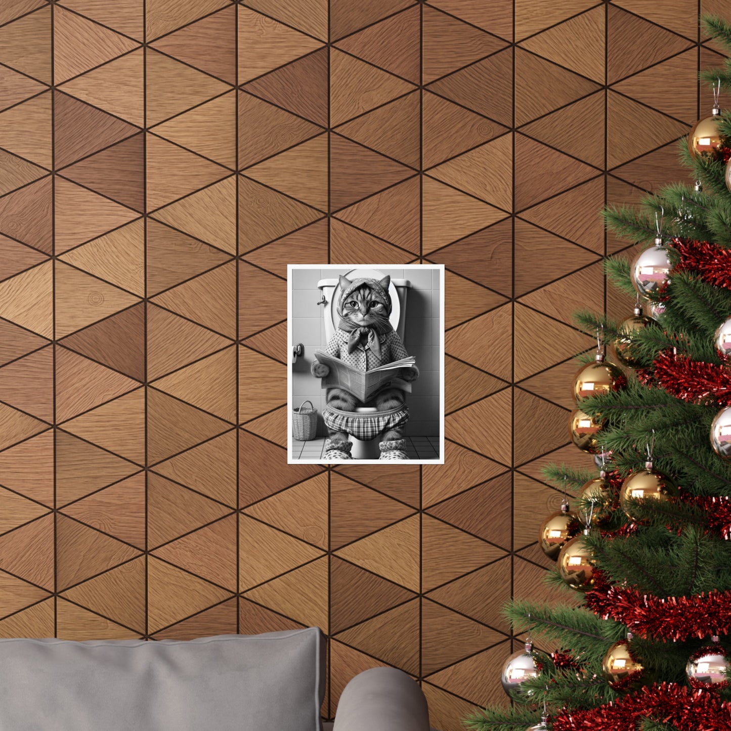 Babushka Kitty Reads on Toilet Black and White Matte Vertical Poster Bathroom Art