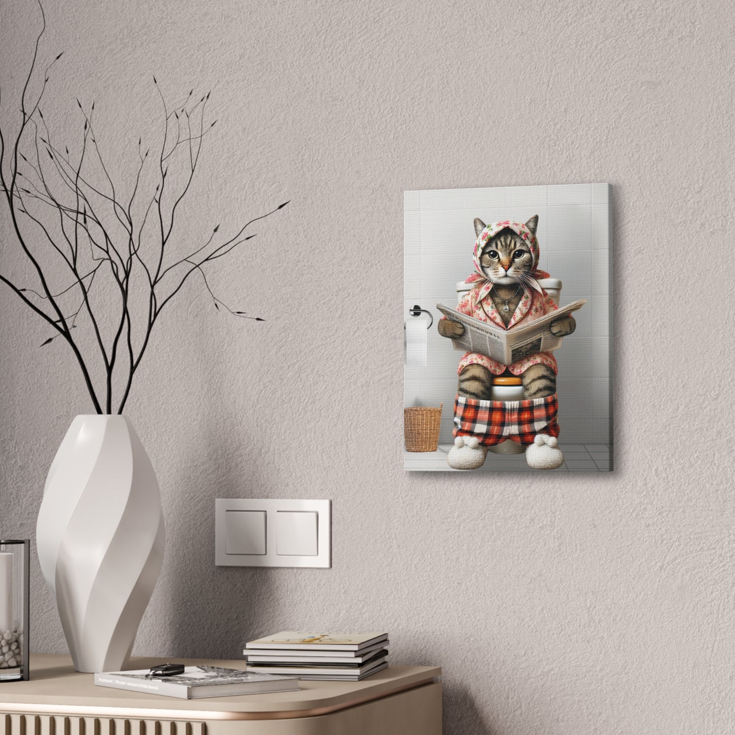 Babushka Cat Reads in Bathroom Kitschy Wall Art, Polish Gifts, Polish Cat Canvas Art for Polish Cat Lovers