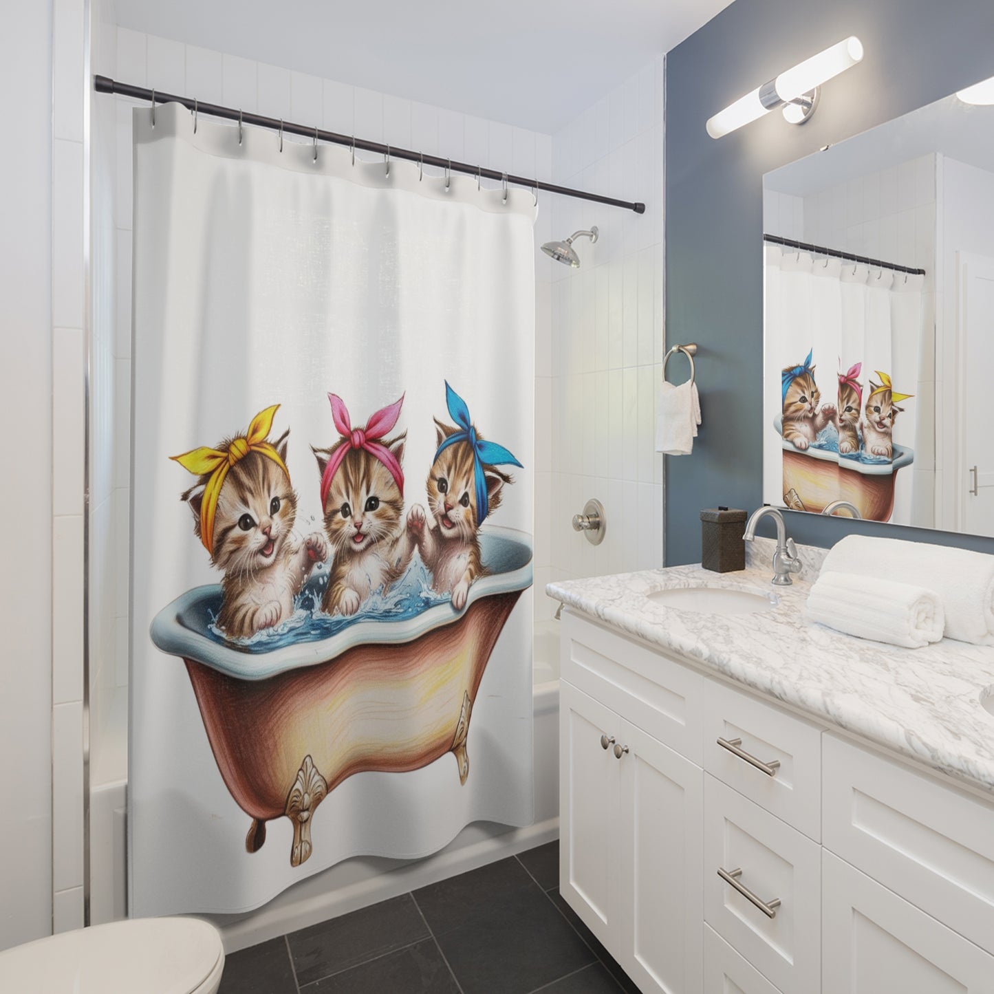 Vintage Kitten, Cat Theme Shower Curtains, Kitschy Bathroom Art