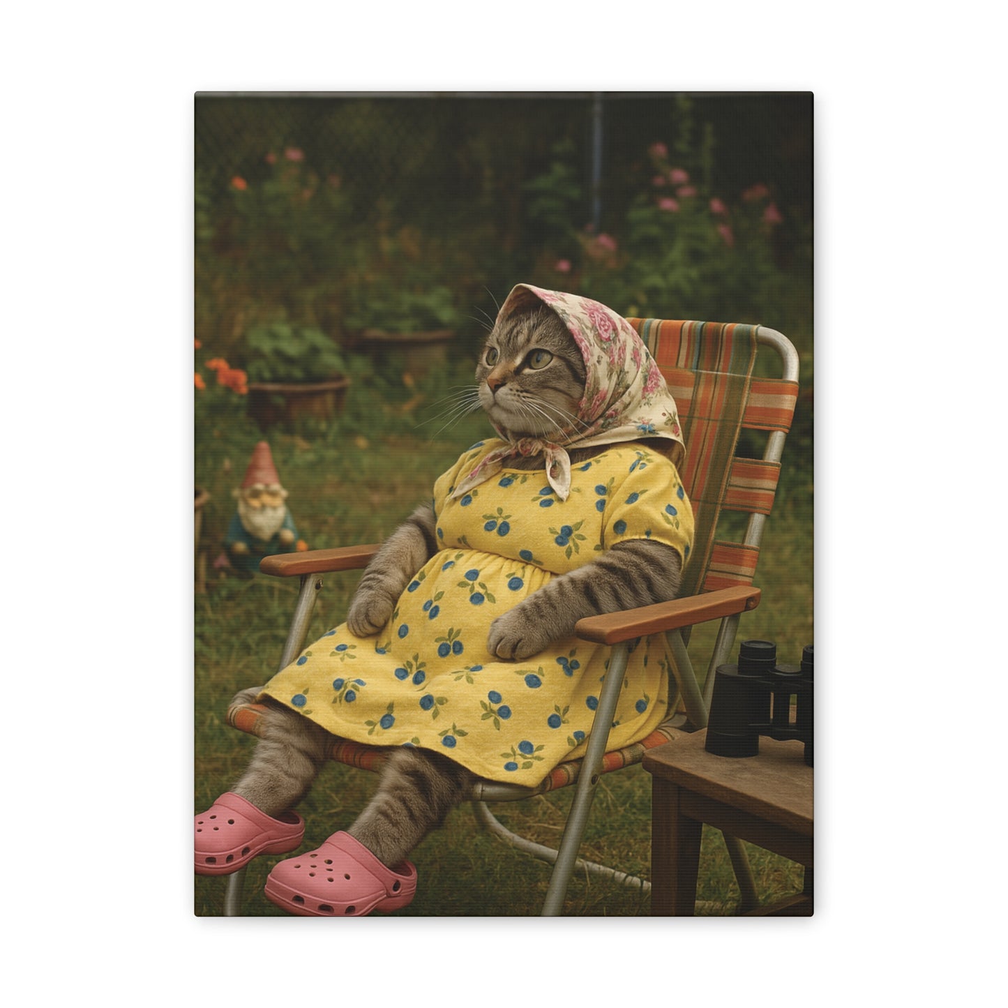Babushka Cat Backyard Birding, Nostalgic Kitschy Cat Art Canvas