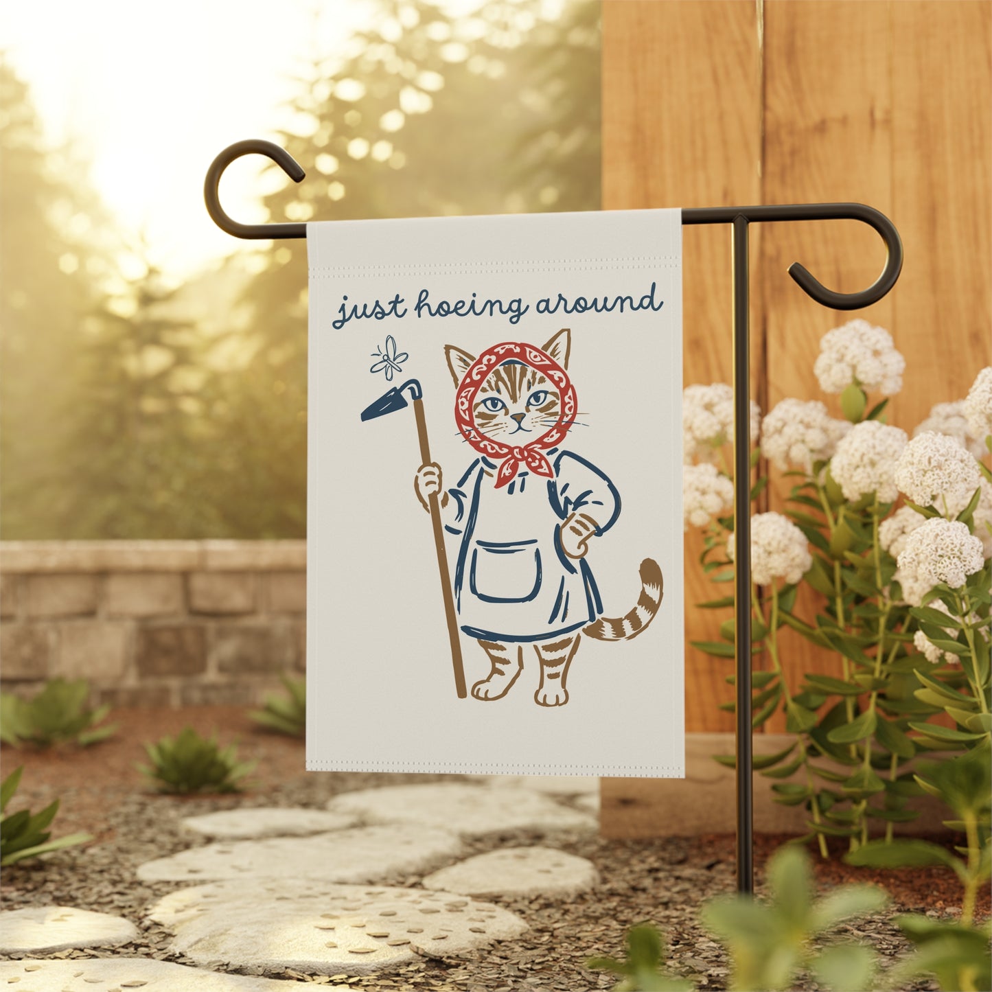 Babushka Cat Hoeing Around Garden Flag (no pole)