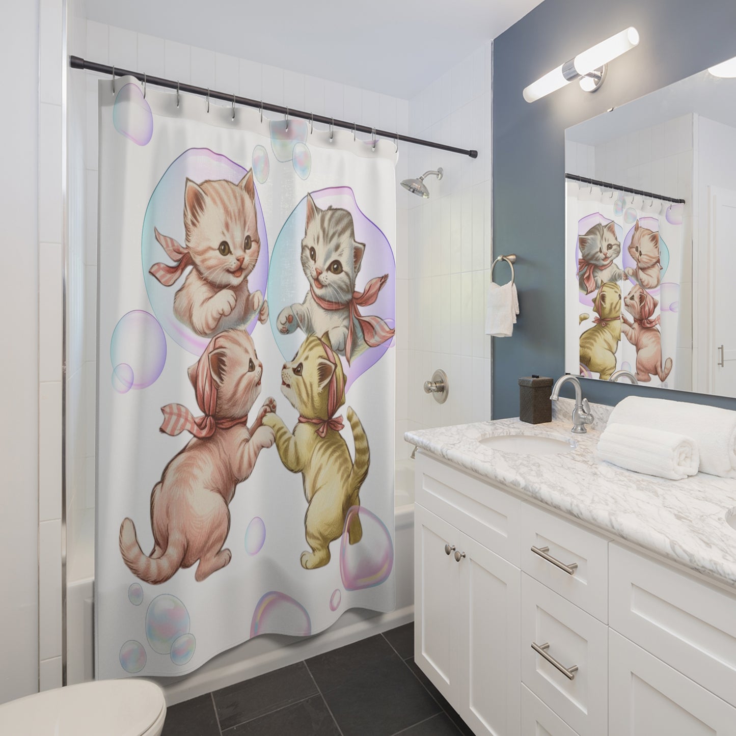 Vintage Kittens and Bubbles, Cat Theme Shower Curtains, Kitschy Bathroom Art