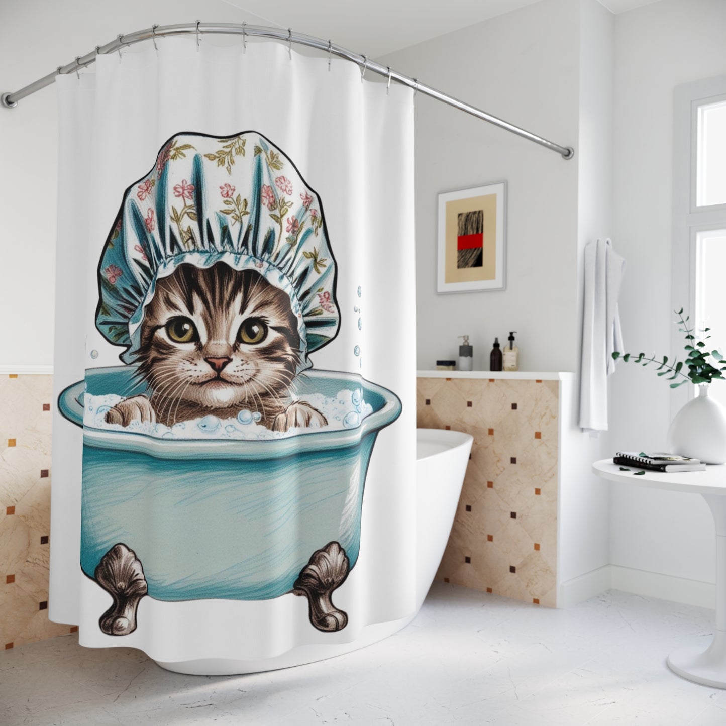 Vintage Kitten and Bubbles, Cat Theme Shower Curtains, Kitschy Bathroom Art