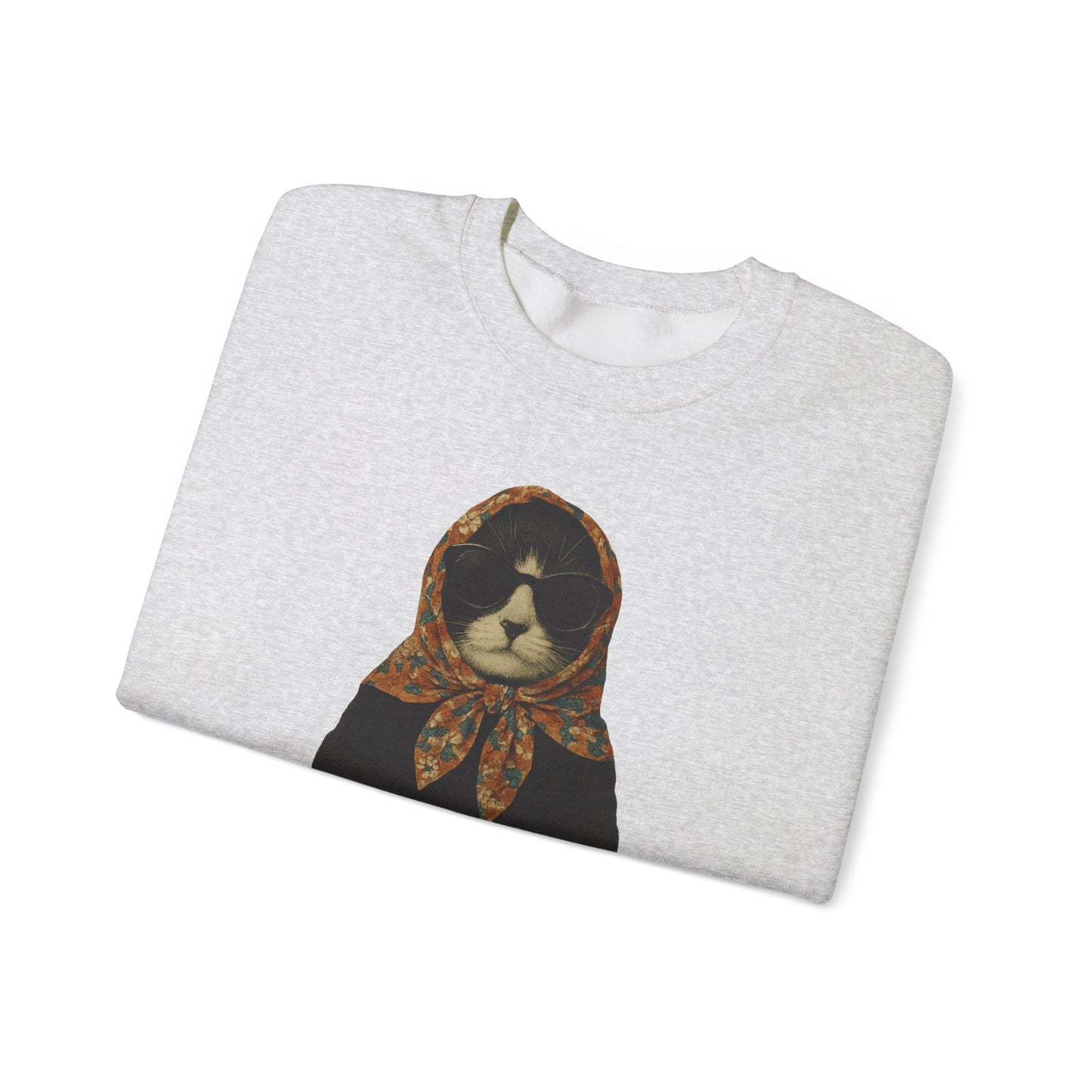 Babushka Cat, Tuxedo Cat Sweatshirt - Unisex Crewneck Pullover with Polish Cat Print
