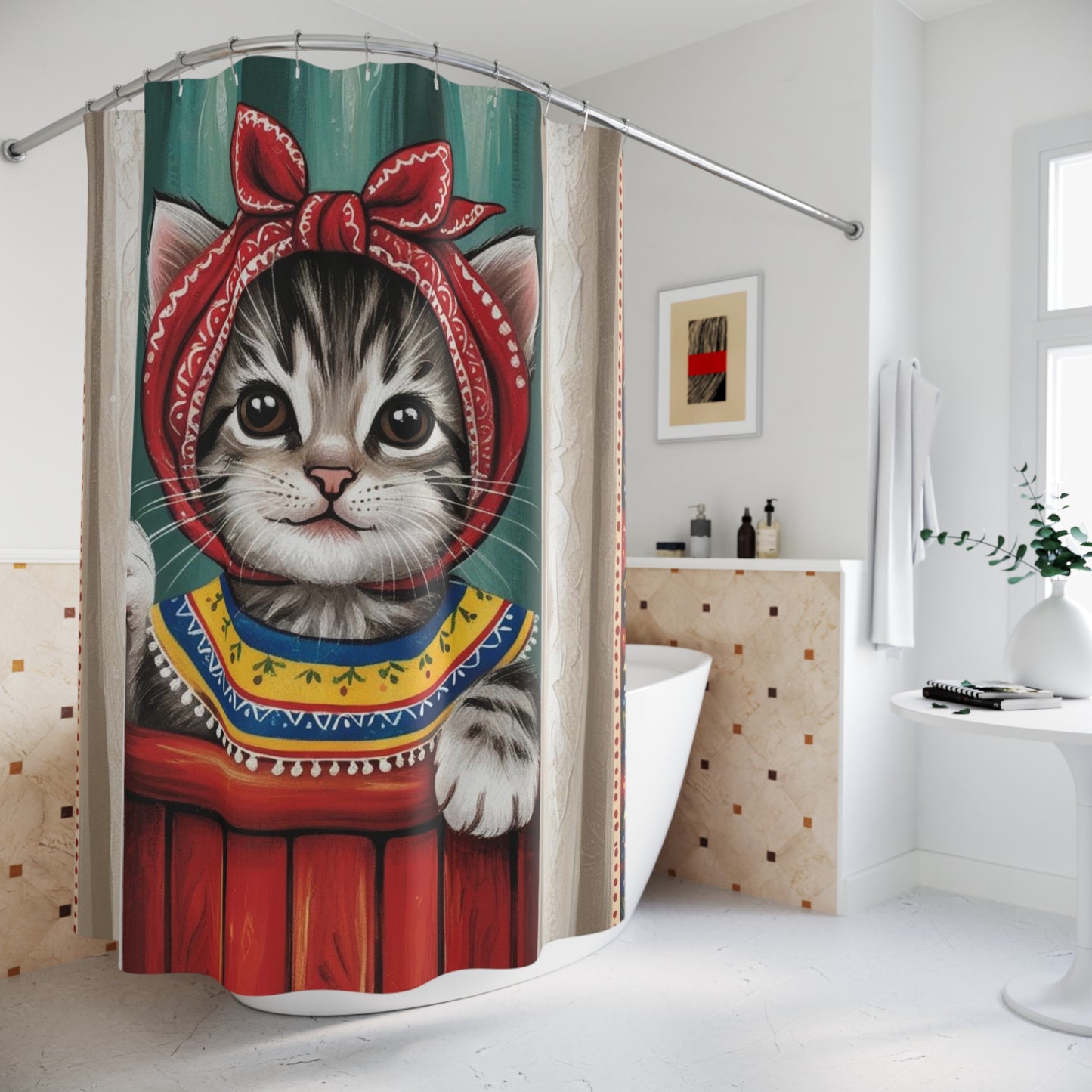 Vintage Kitten, Cat Theme Shower Curtains, Kitschy Bathroom Art