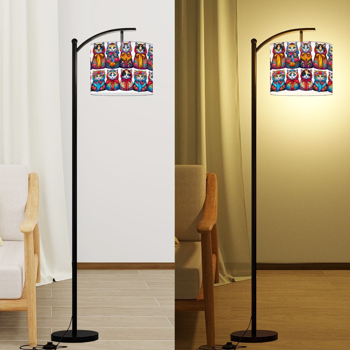 Babushka Catroyshka Kitschy Cats Folk Art Arc Floor Lamp