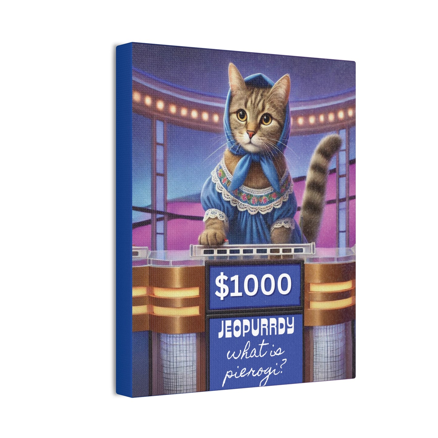Babushka Cat Game Night, Fun Cat Art, Kitty on Gameshow, Kitschy Cat Kitchen Wall Art, Canvas Wall Art, Nostalgic Art