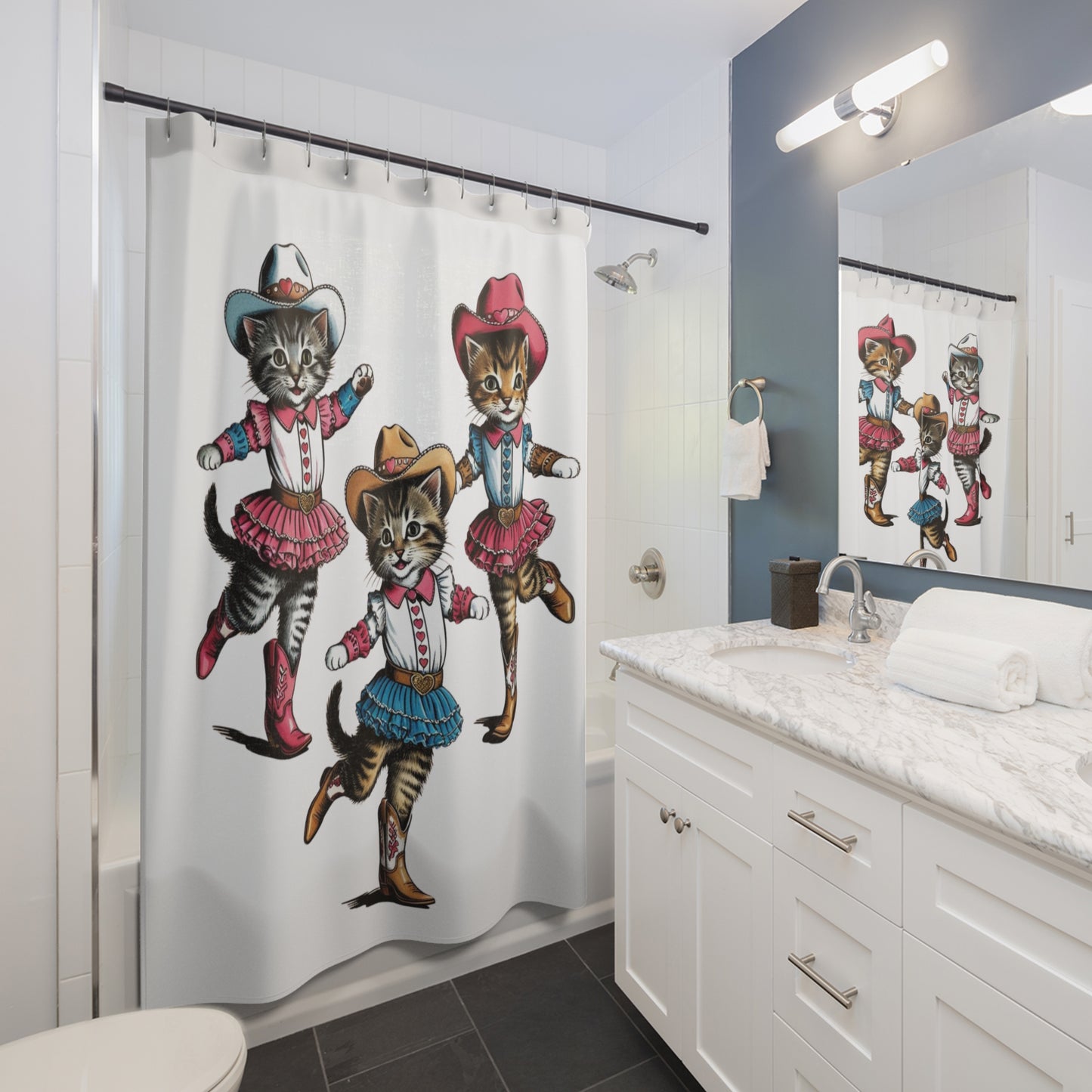 Vintage Cowgirl Western Kittens Cat Theme Shower Curtains, Kitschy Bathroom Art