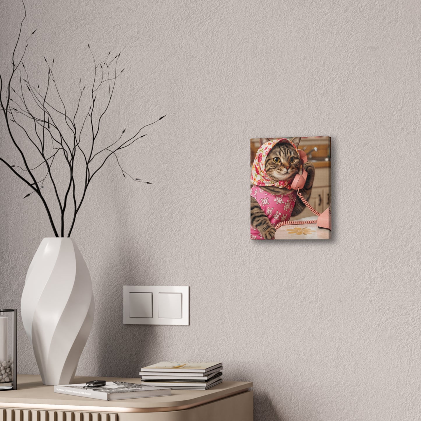Babushka Cat Dials Up Kitschy Canvas Wall Art