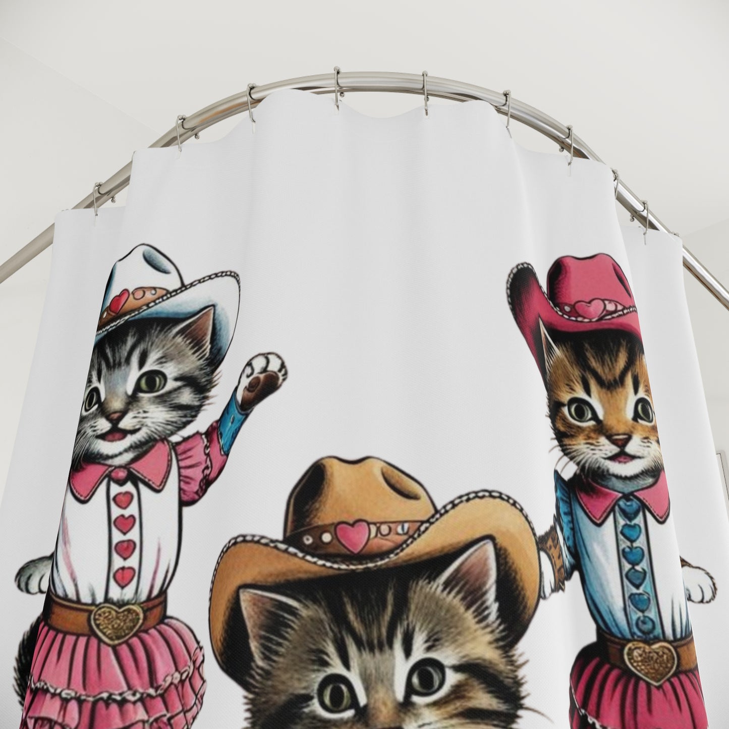 Vintage Cowgirl Western Kittens Cat Theme Shower Curtains, Kitschy Bathroom Art