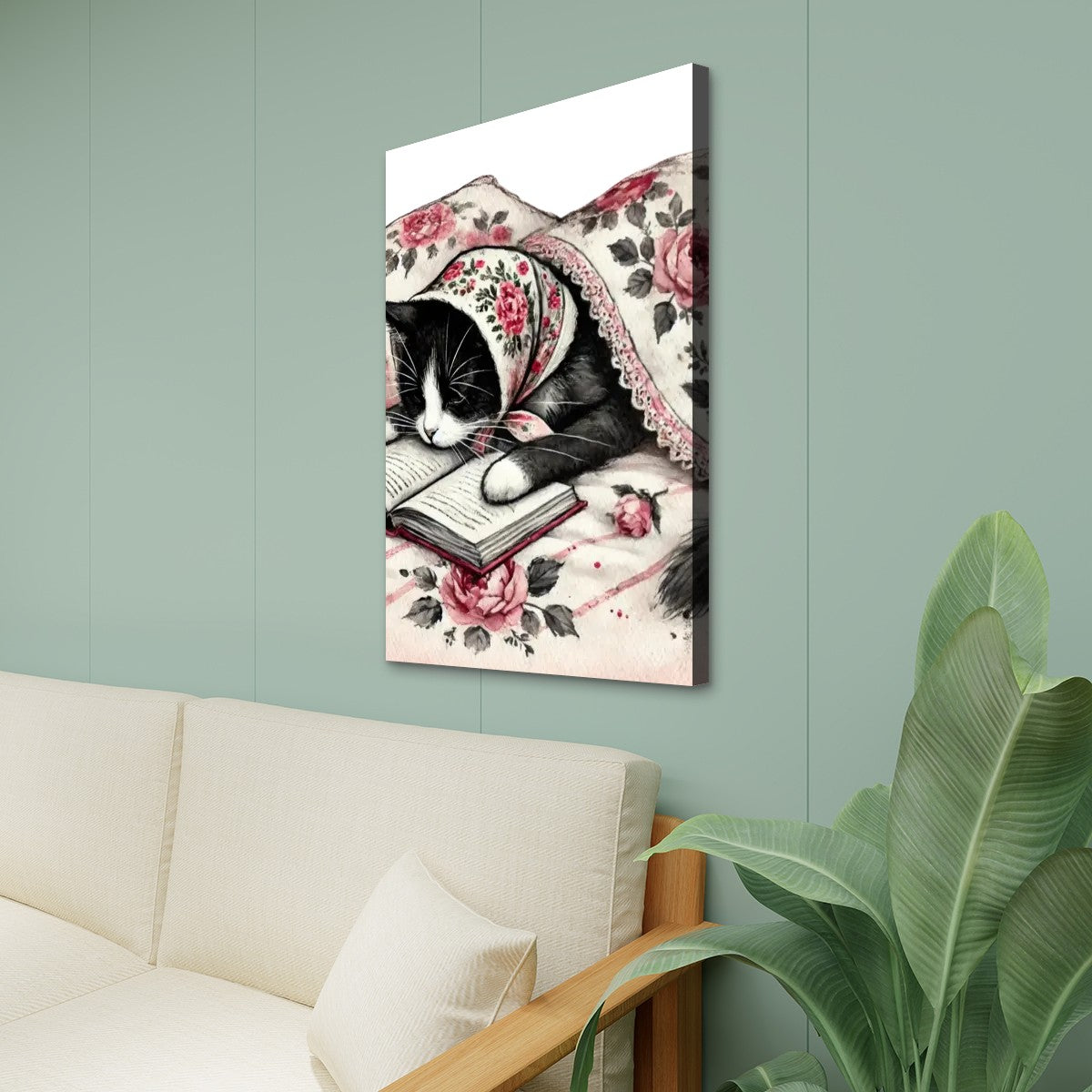 Babushka Cat Reads in Bed, Tuxedo Cat Wall Art Kitschy Cat Canvas Prints Wall Art