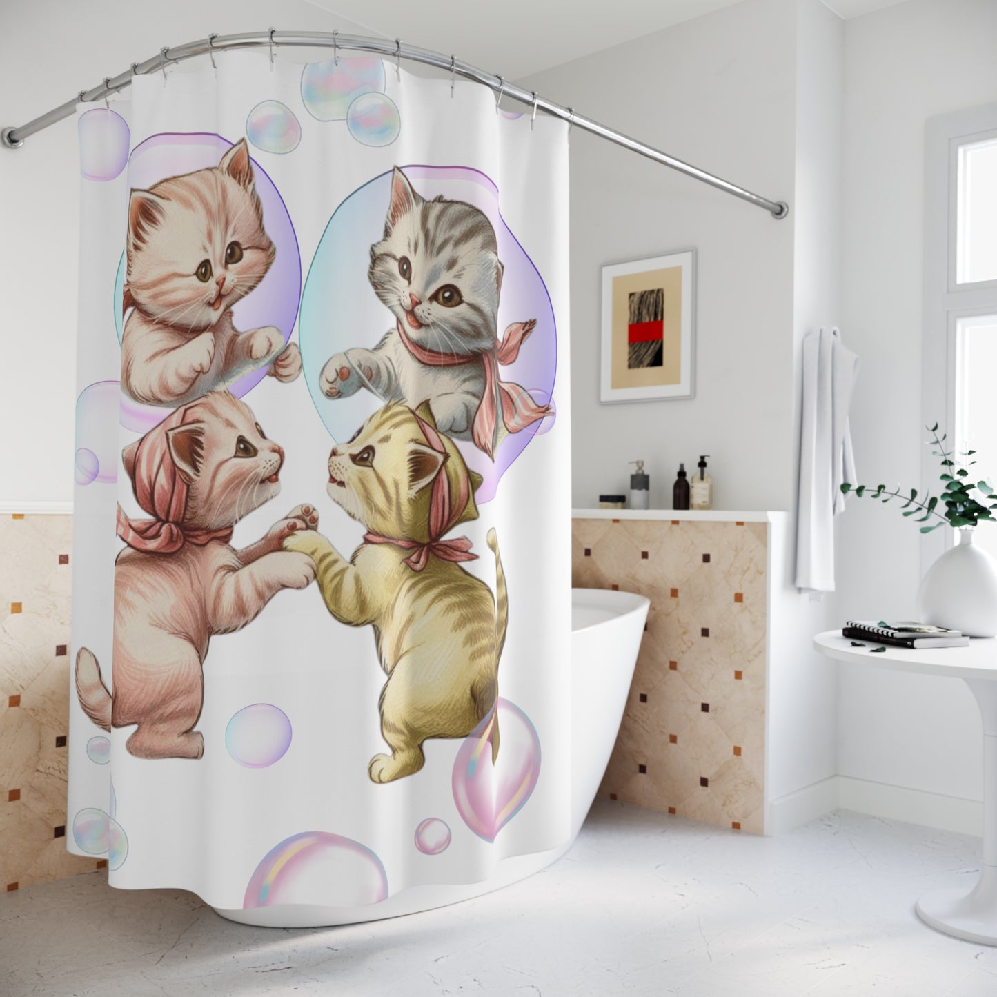 Vintage Kittens and Bubbles, Cat Theme Shower Curtains, Kitschy Bathroom Art
