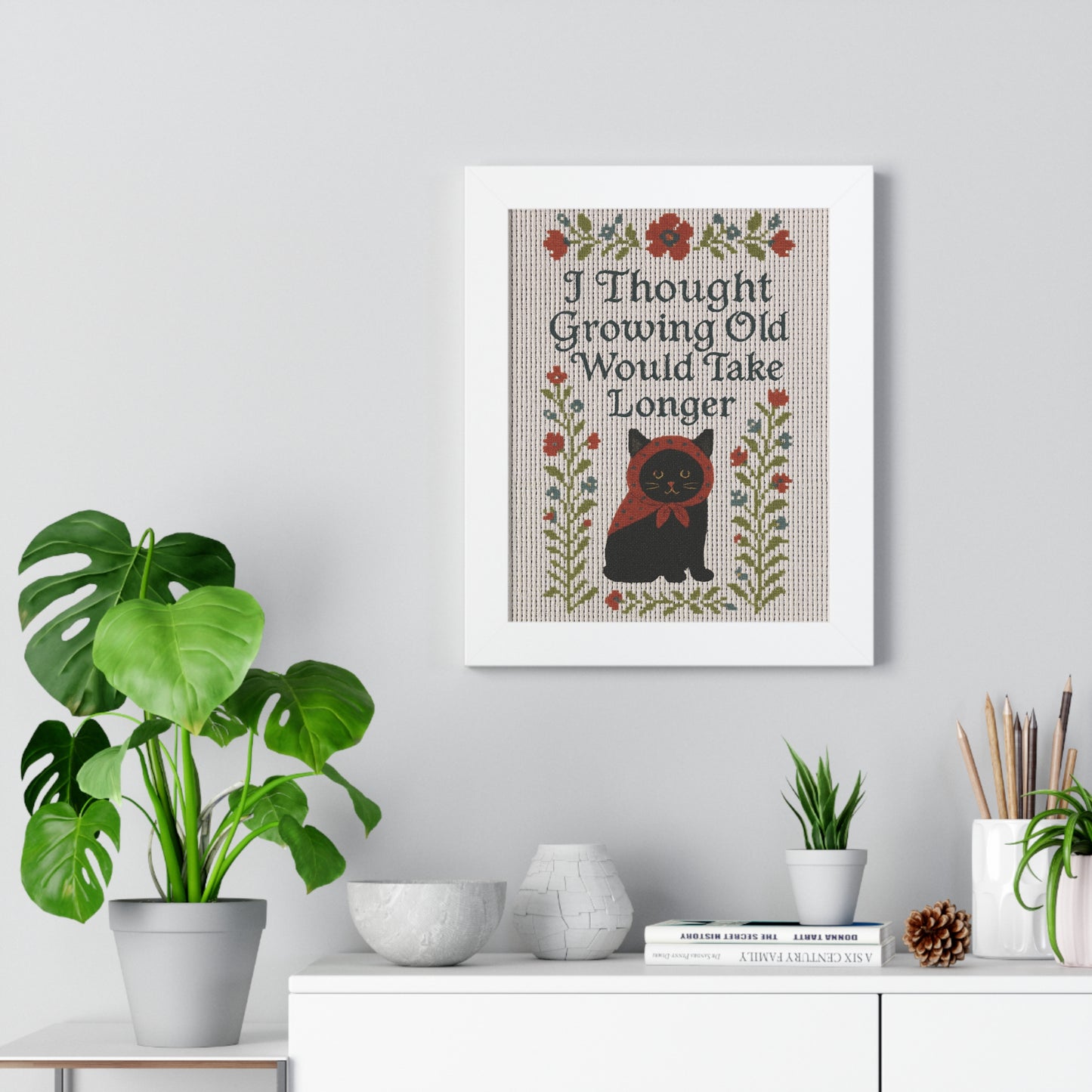 Babushka Black Cat Faux Cross Stitch Poster Art for Home Decor