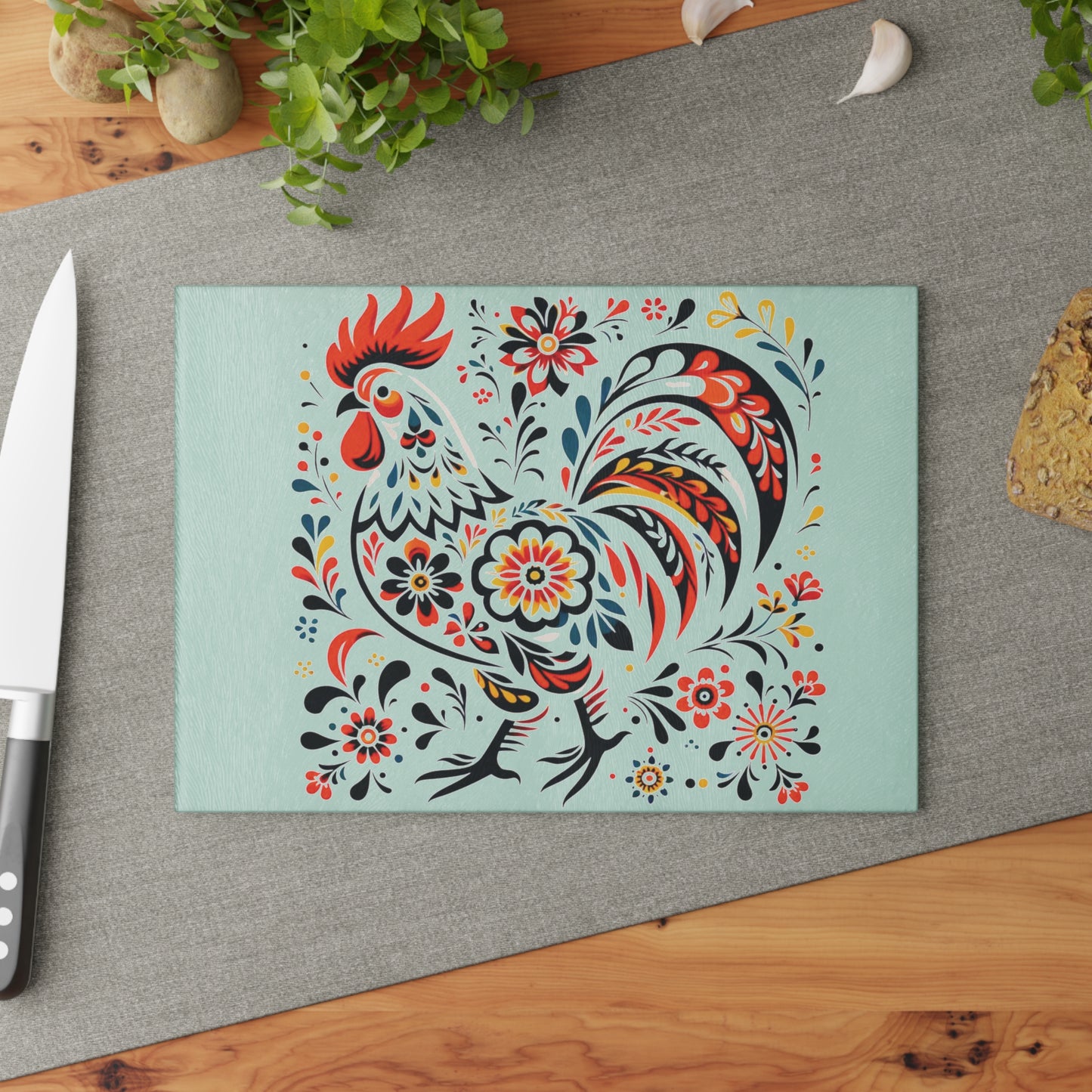 Polish Folk Art Wycinanki Rooster Glass Glass Cutting Board; Two Sizes Available