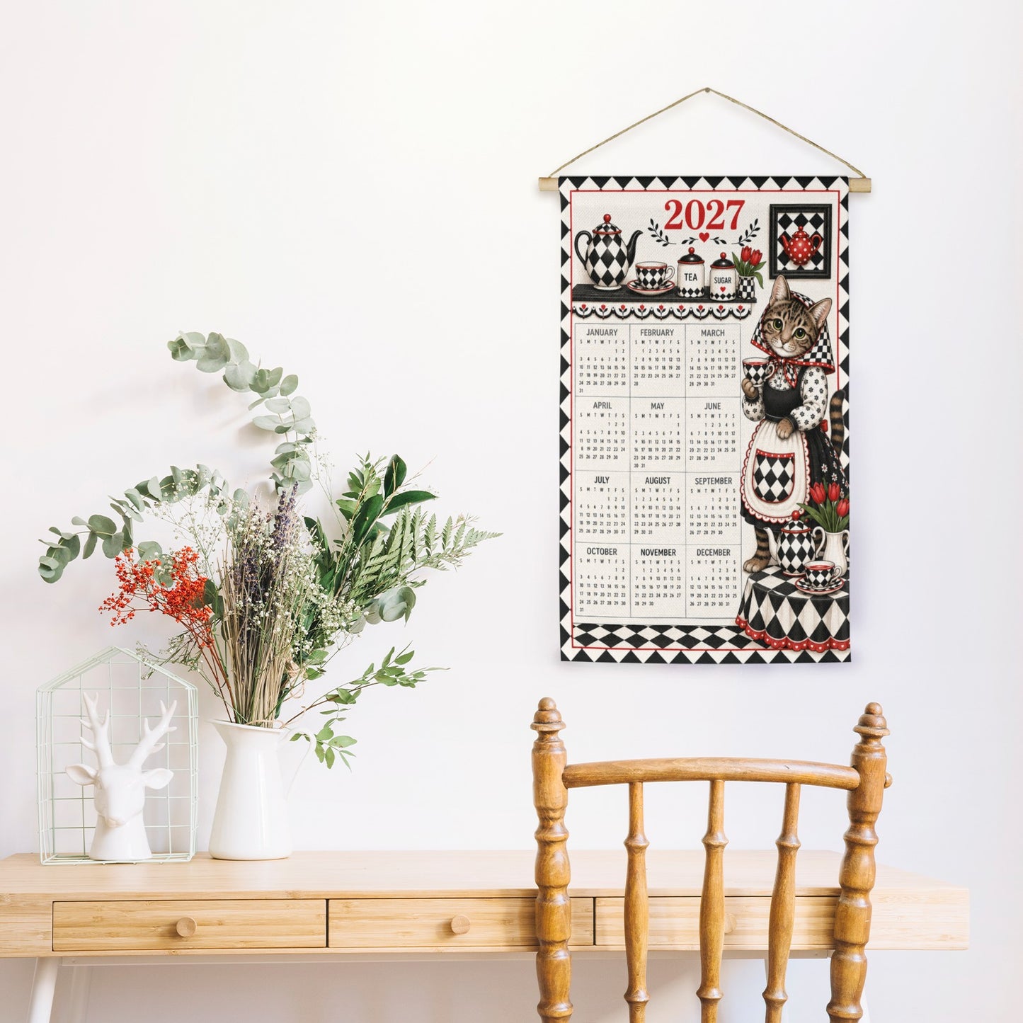 Babushka Cat Goes Harlequin Old Timey Style Wall Calendar