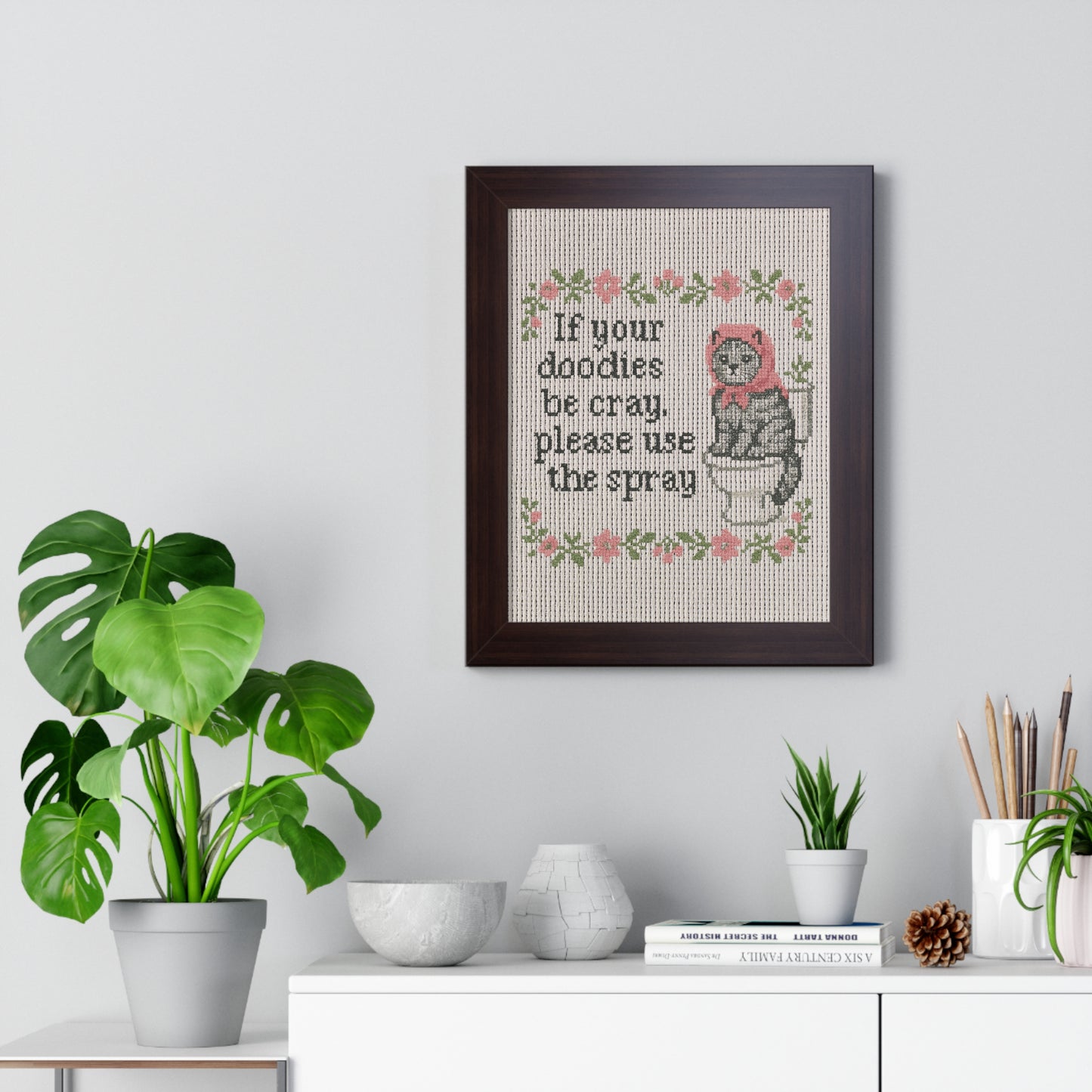 Babushka Cat Bathroom Faux Cross Stitch Poster Art for Home Decor