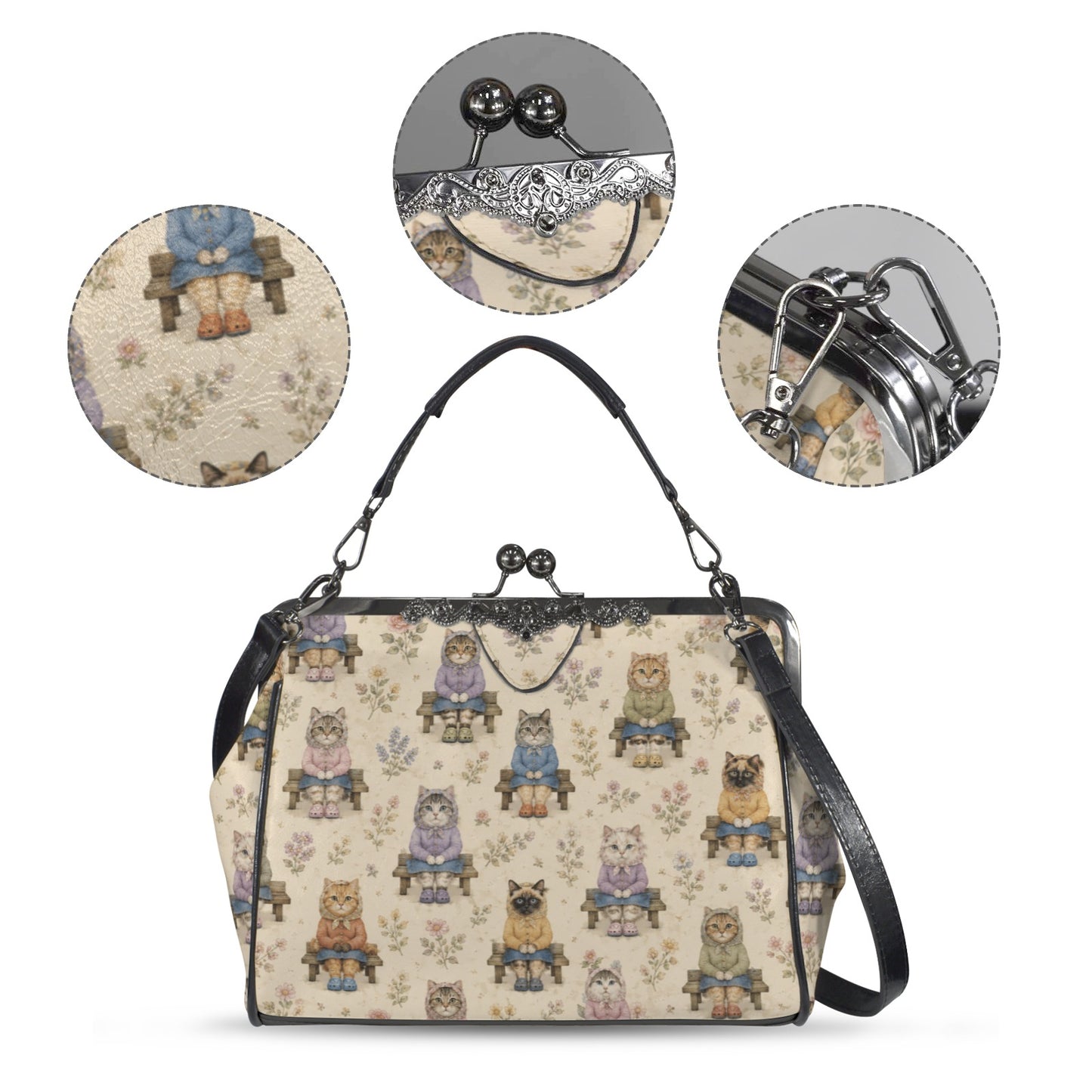 Babushka Cat Park Bench Vintage Style Kisslock Crossbody Shoulder Bag