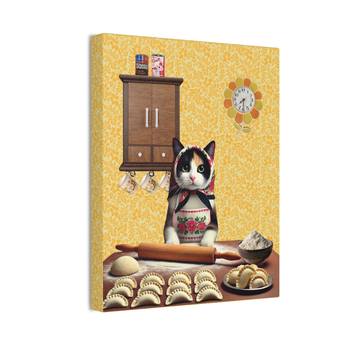 Babushka Cat Calico Cat Art, Polish Cat Makes Pierogi, Kitschy Cat Kitchen Wall Art, Canvas Wall Art, Nostalgic Art