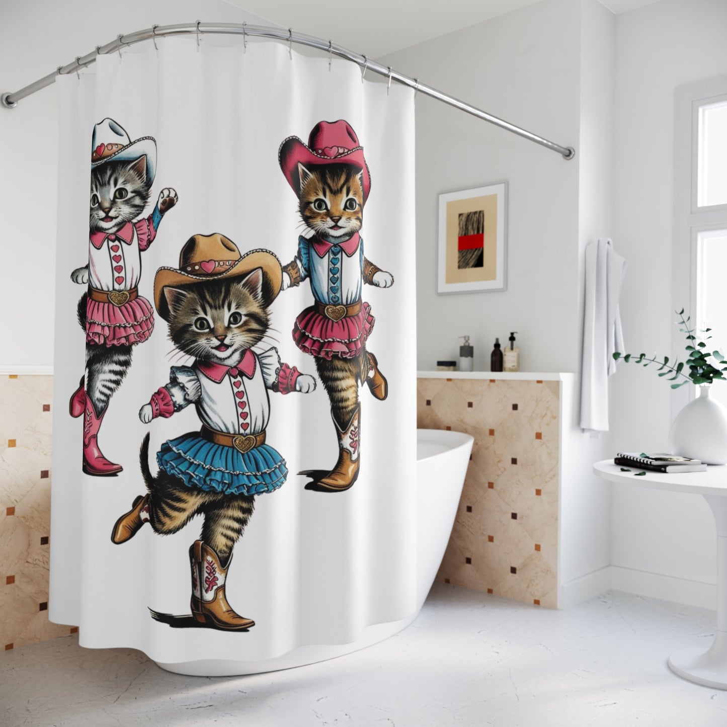 Vintage Cowgirl Western Kittens Cat Theme Shower Curtains, Kitschy Bathroom Art
