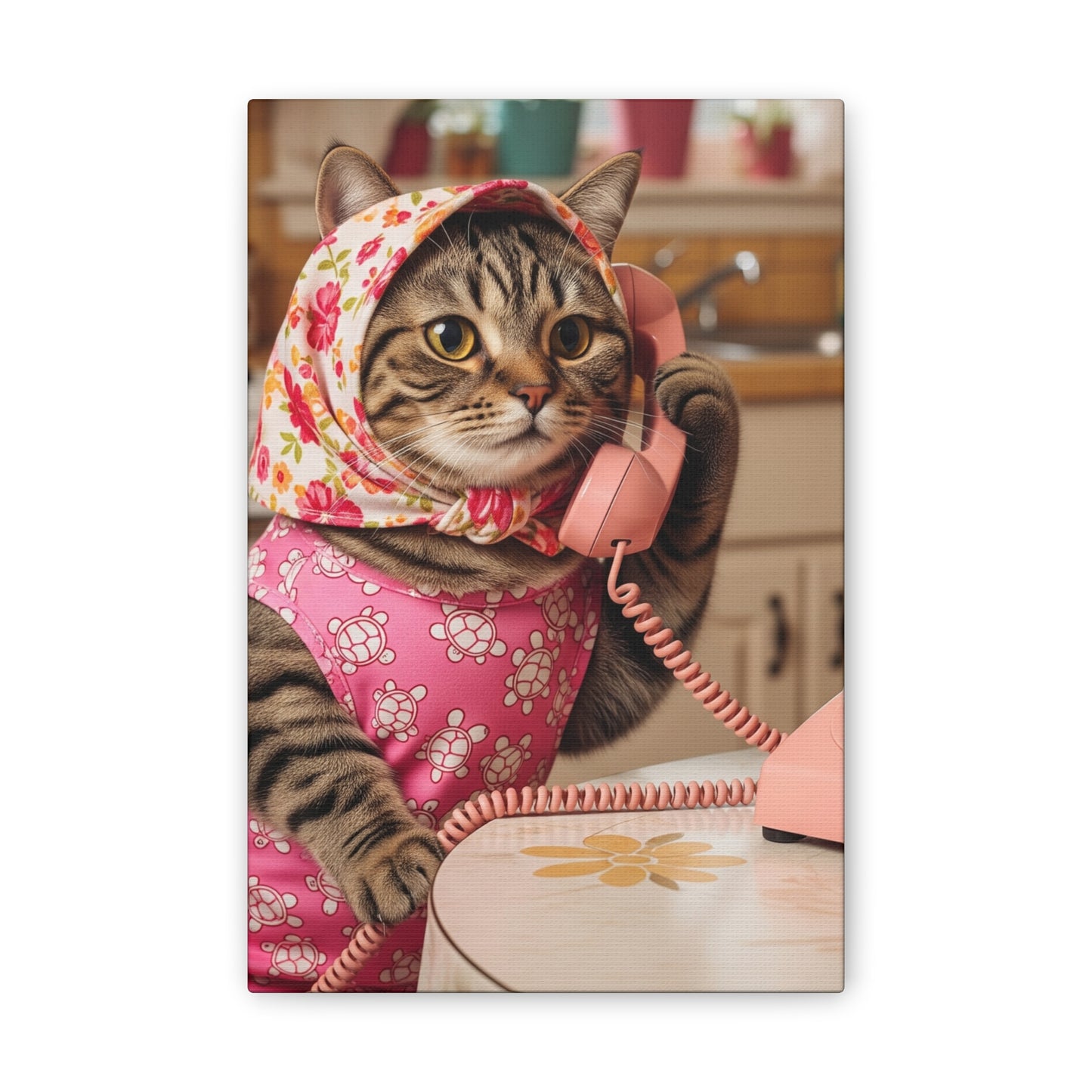 Babushka Cat Dials Up Kitschy Canvas Wall Art
