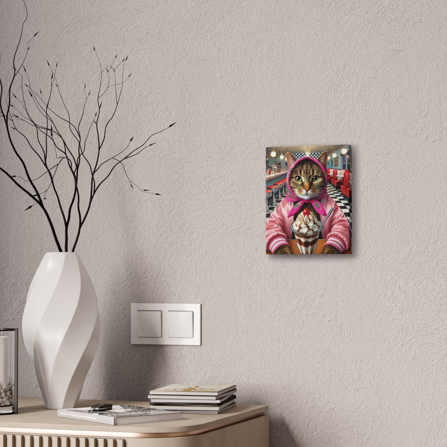 Sundae Shop Babushka Cat Kitschy Cat Wall Art, Canvas Wall Art, Nostalgic Wall ARt